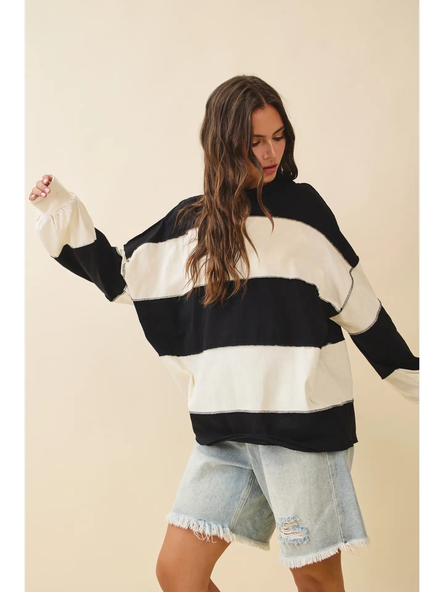 Contrast Panel Wild Cherry Long Sleeve Slouchy Pullover