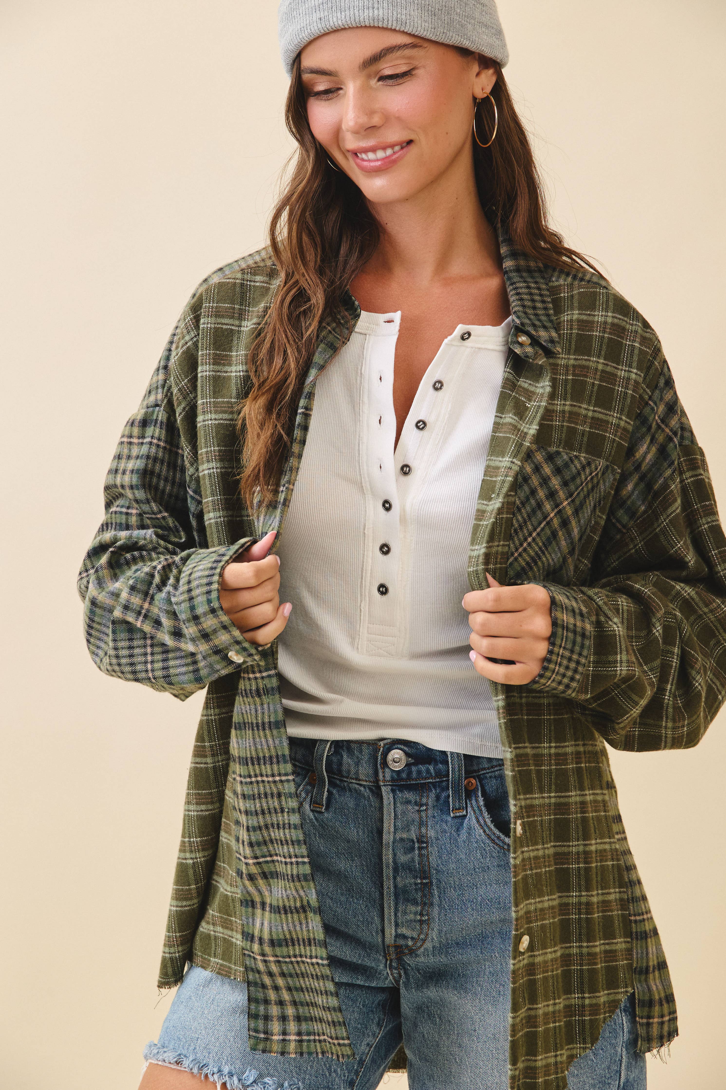 Kambrie Olive Plaid Flannel Shirt