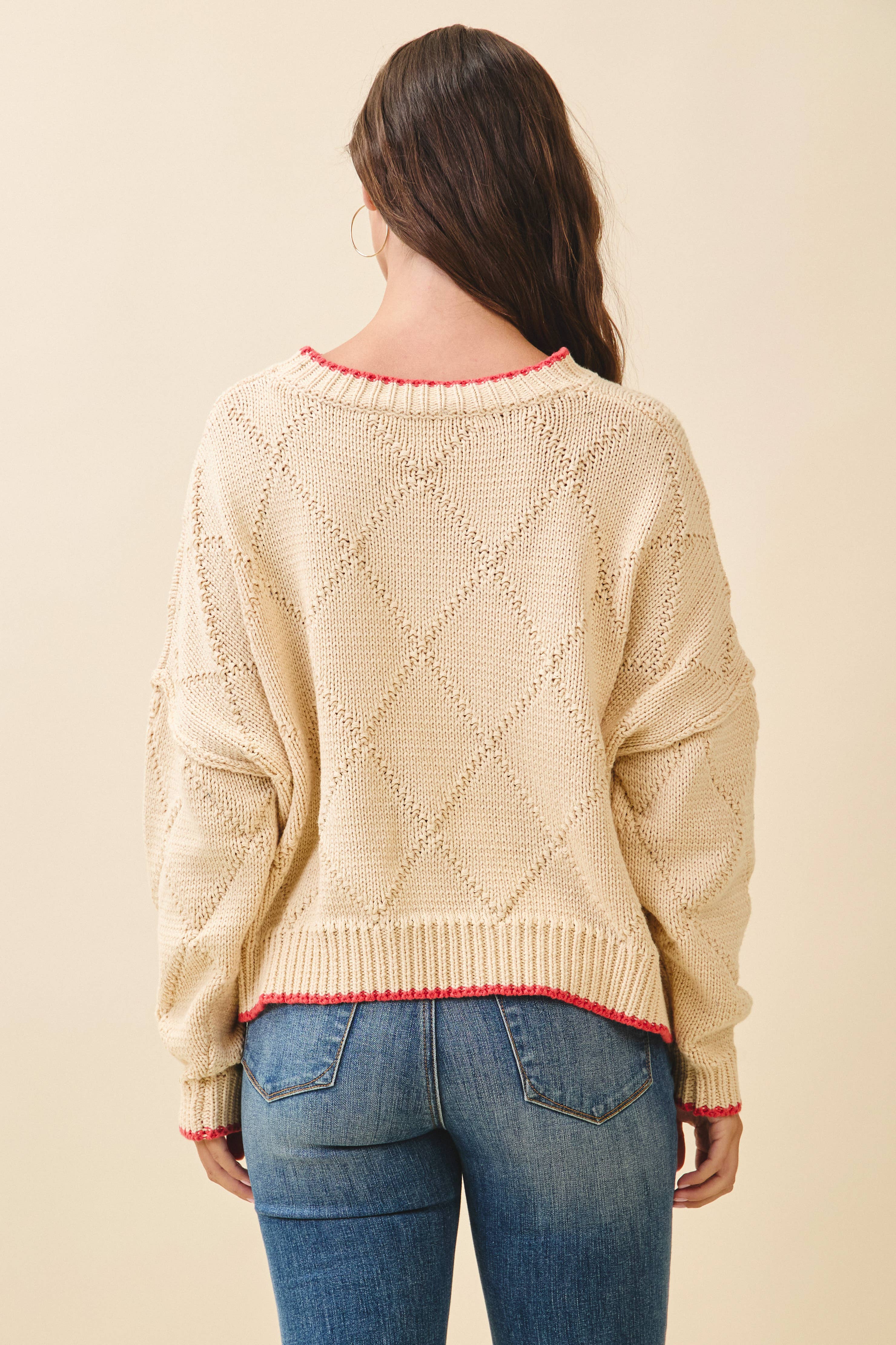 Diamond Knit Oat & Red Pullover Sweater