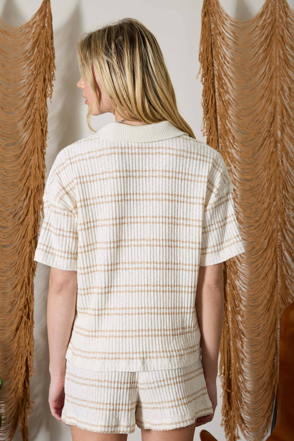 Marled Khaki Stripe Collared Short Sleeve Knit Top
