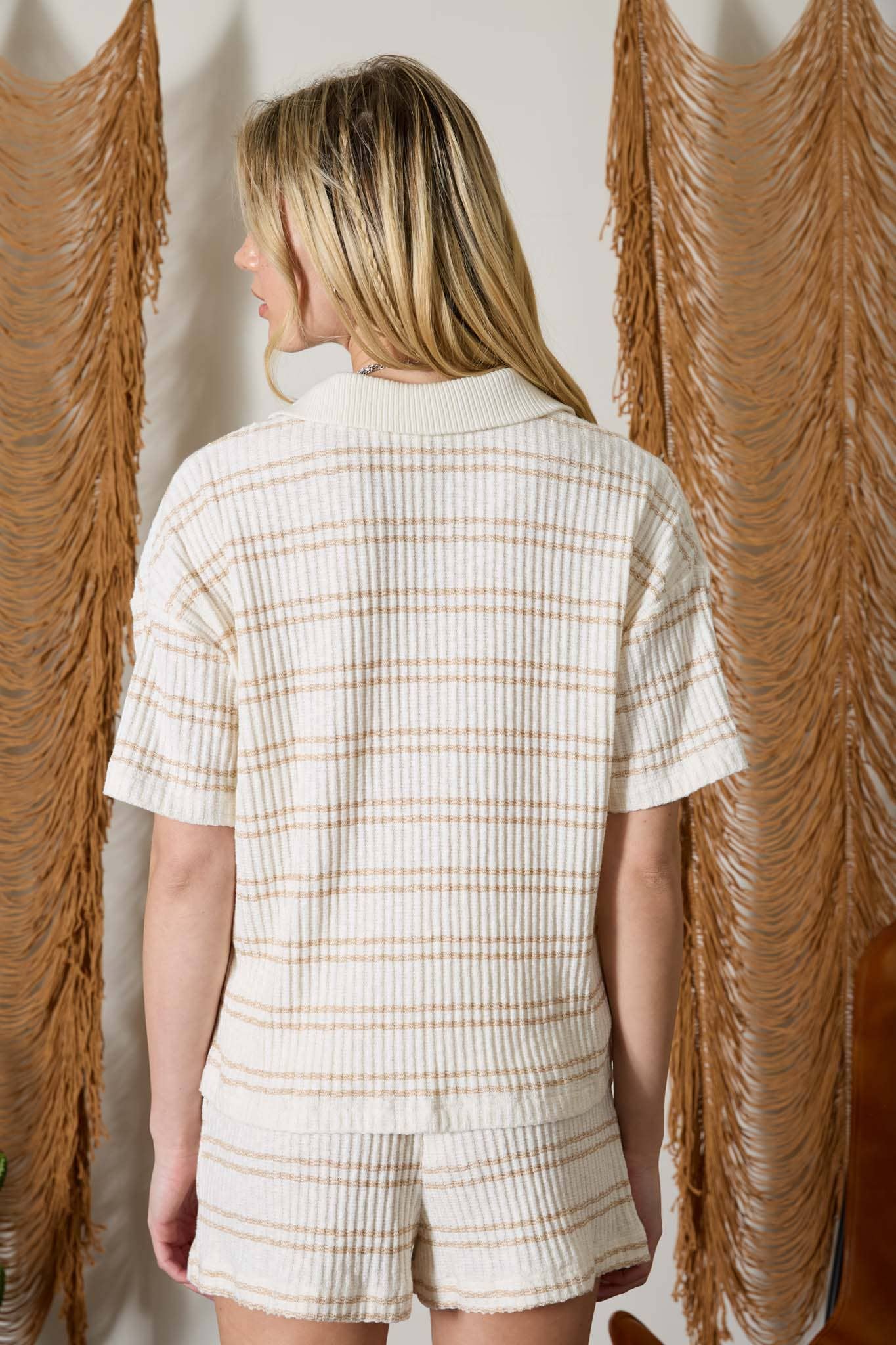 Marled Khaki Stripe Collared Short Sleeve Knit Top