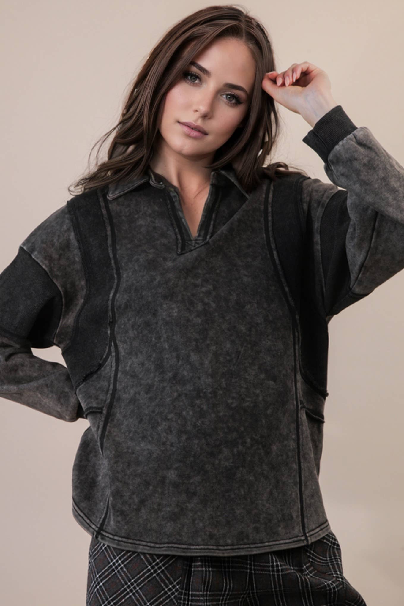 Black Mineral Washed Oversized French Terry Knit Top