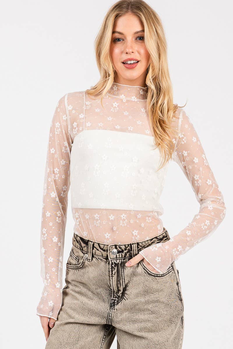 White Floral Mesh Lace Top