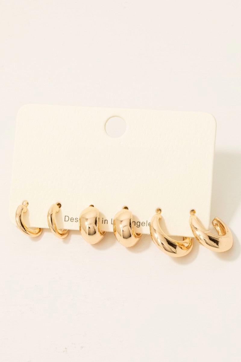 3 Pair Simple Metallic Hoop Earrings Set