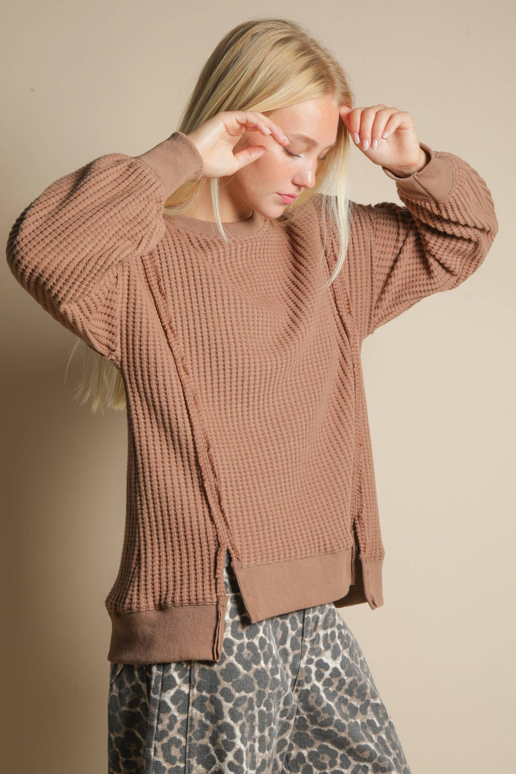 Oversized Mocha Waffle Knit Casual Top