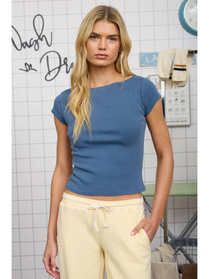 Washed Vintage Blue Boat Neck Short Sleeve Ribbed Knit Top