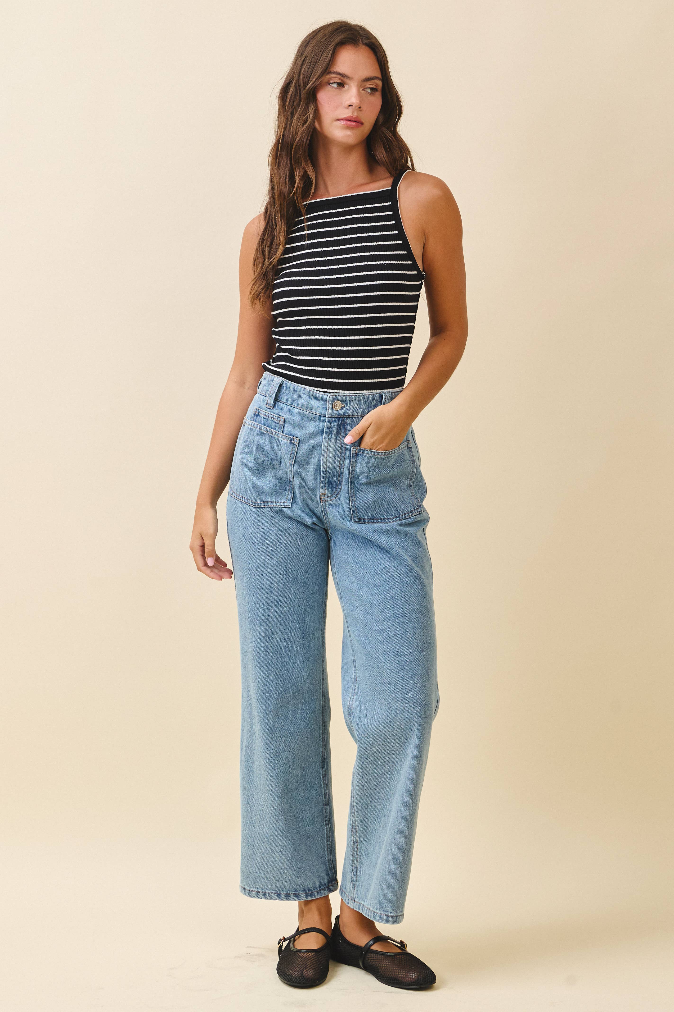 High Waist Wide Leg Denim Pants with Patch Pockets