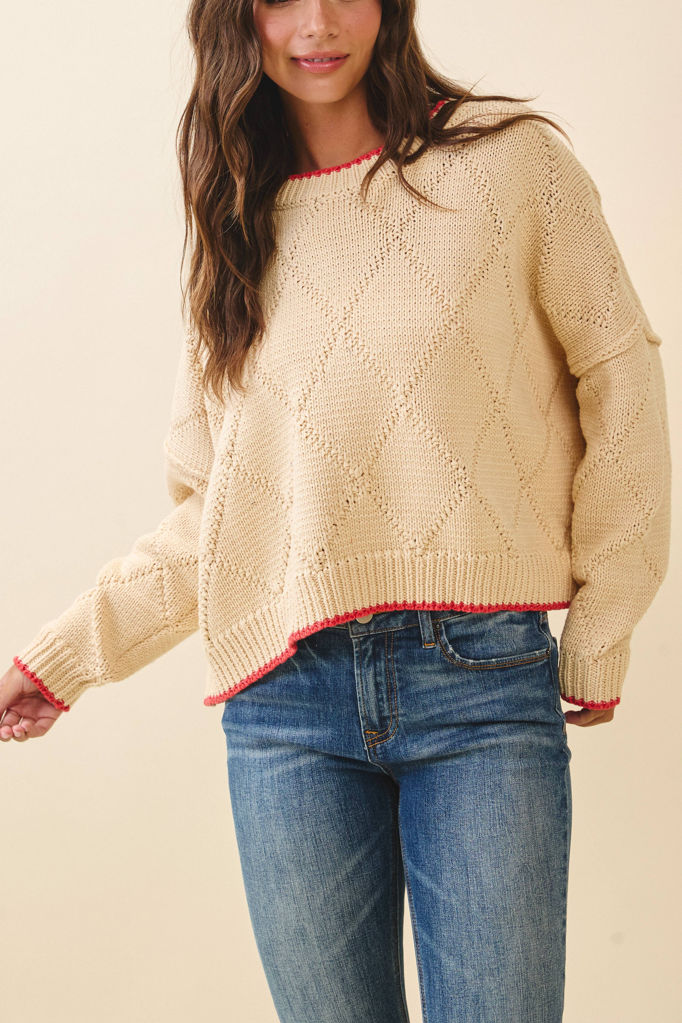 Diamond Knit Oat & Red Pullover Sweater