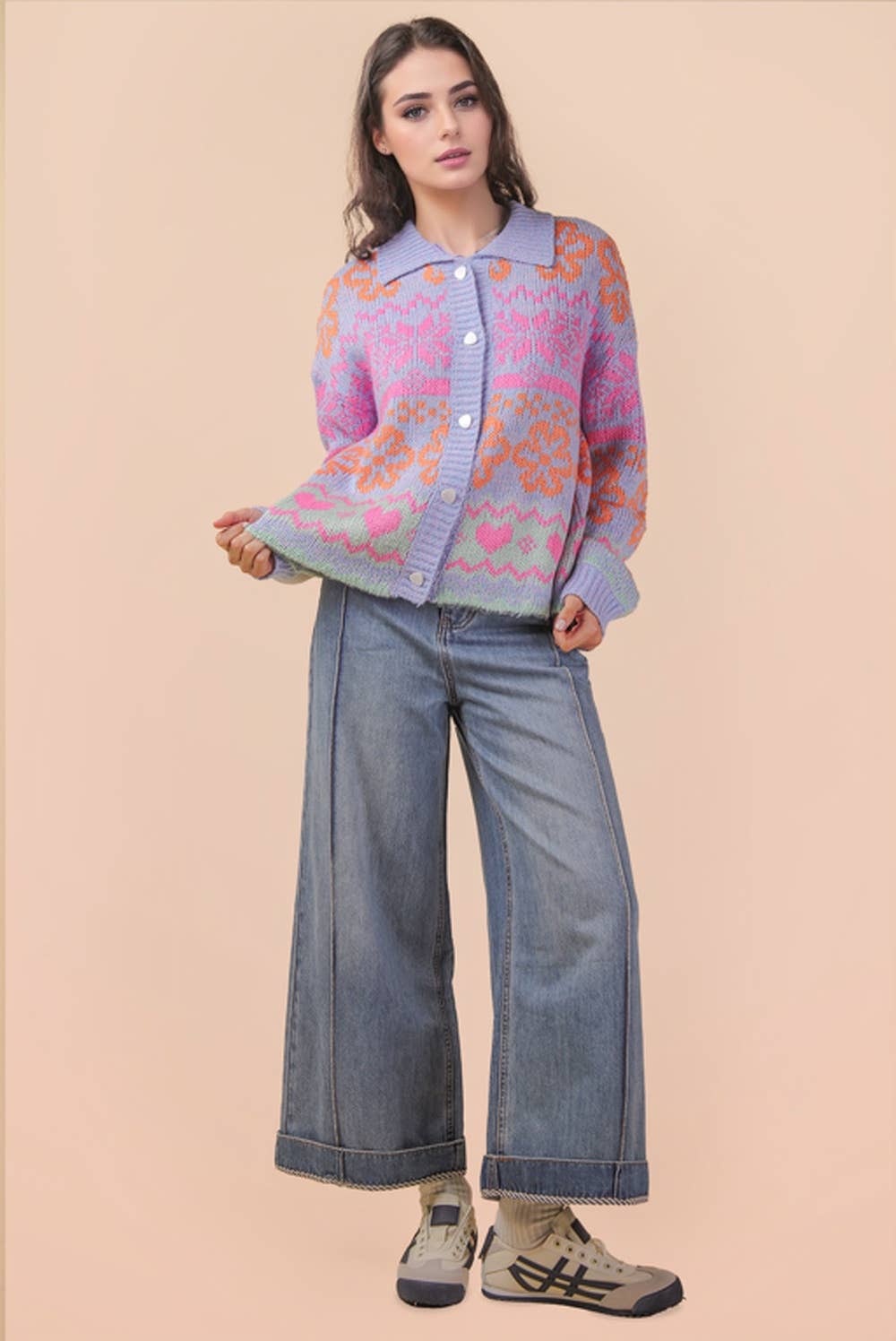 Oversized Button Down Pastel Graphic Knit Sweater Top