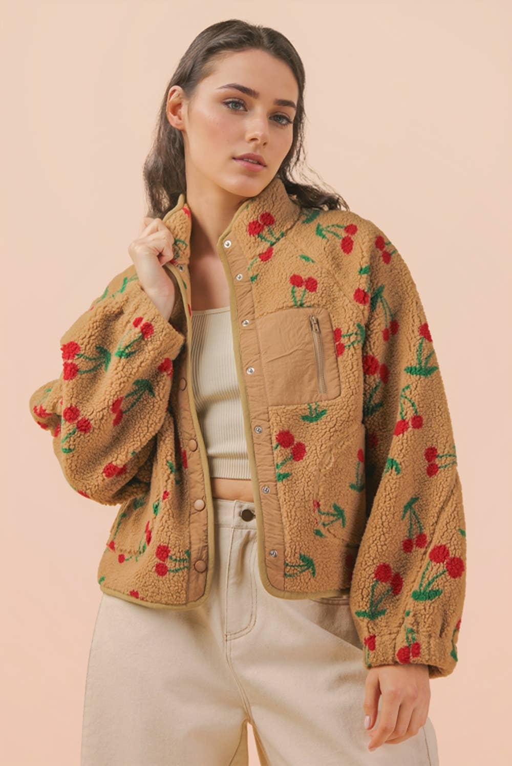 Choco Cherry Printed Fleece Oversized Jacket