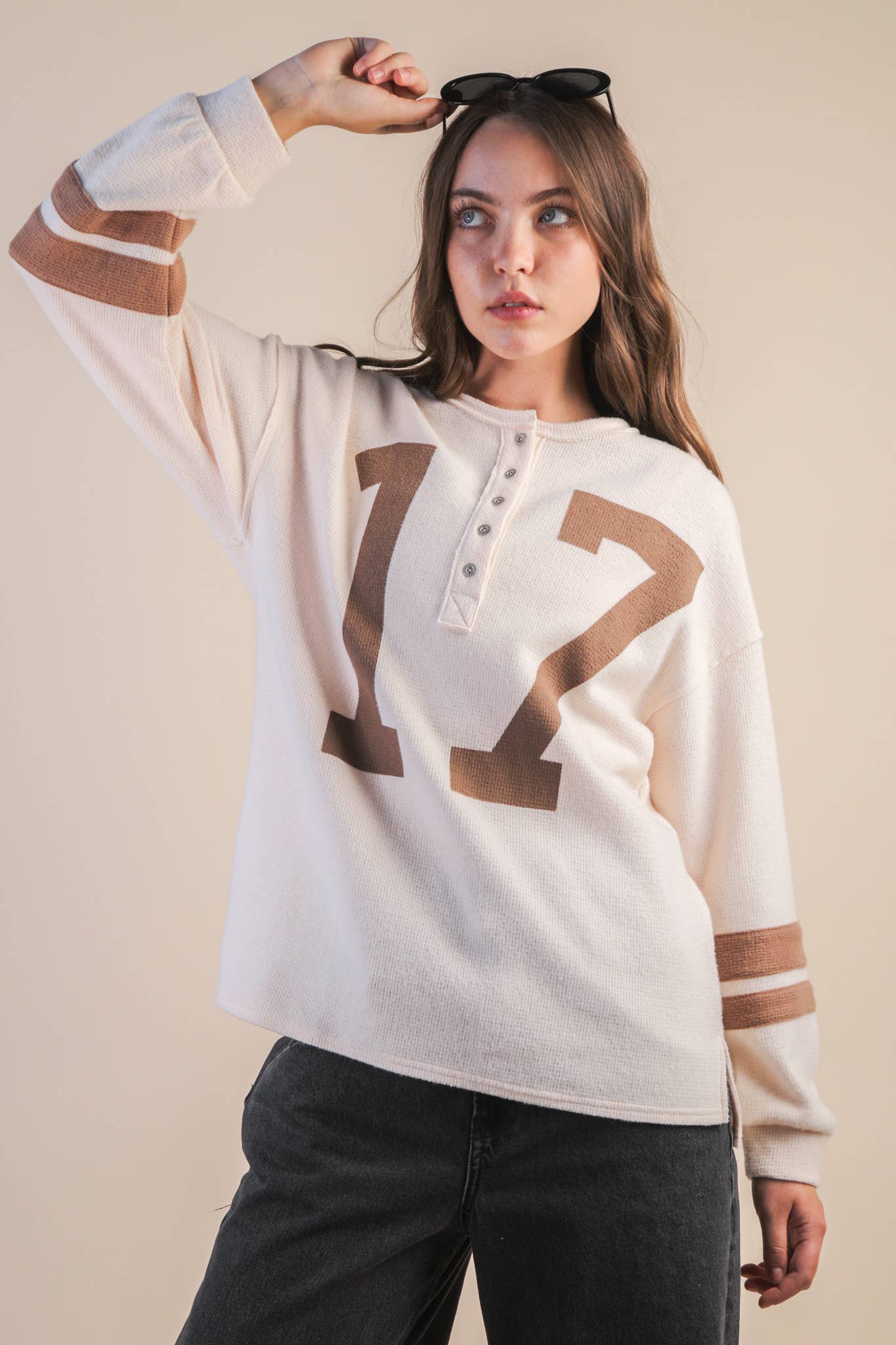 Oversized Cream & Mocha #17 Graphic Casual Knit Top