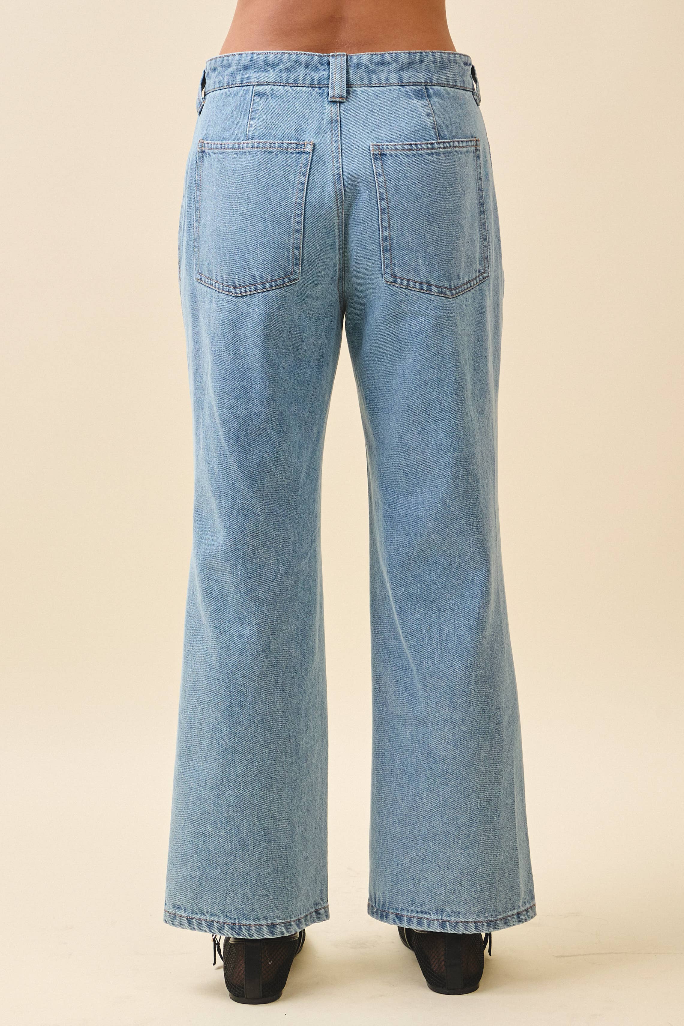 High Waist Wide Leg Denim Pants with Patch Pockets
