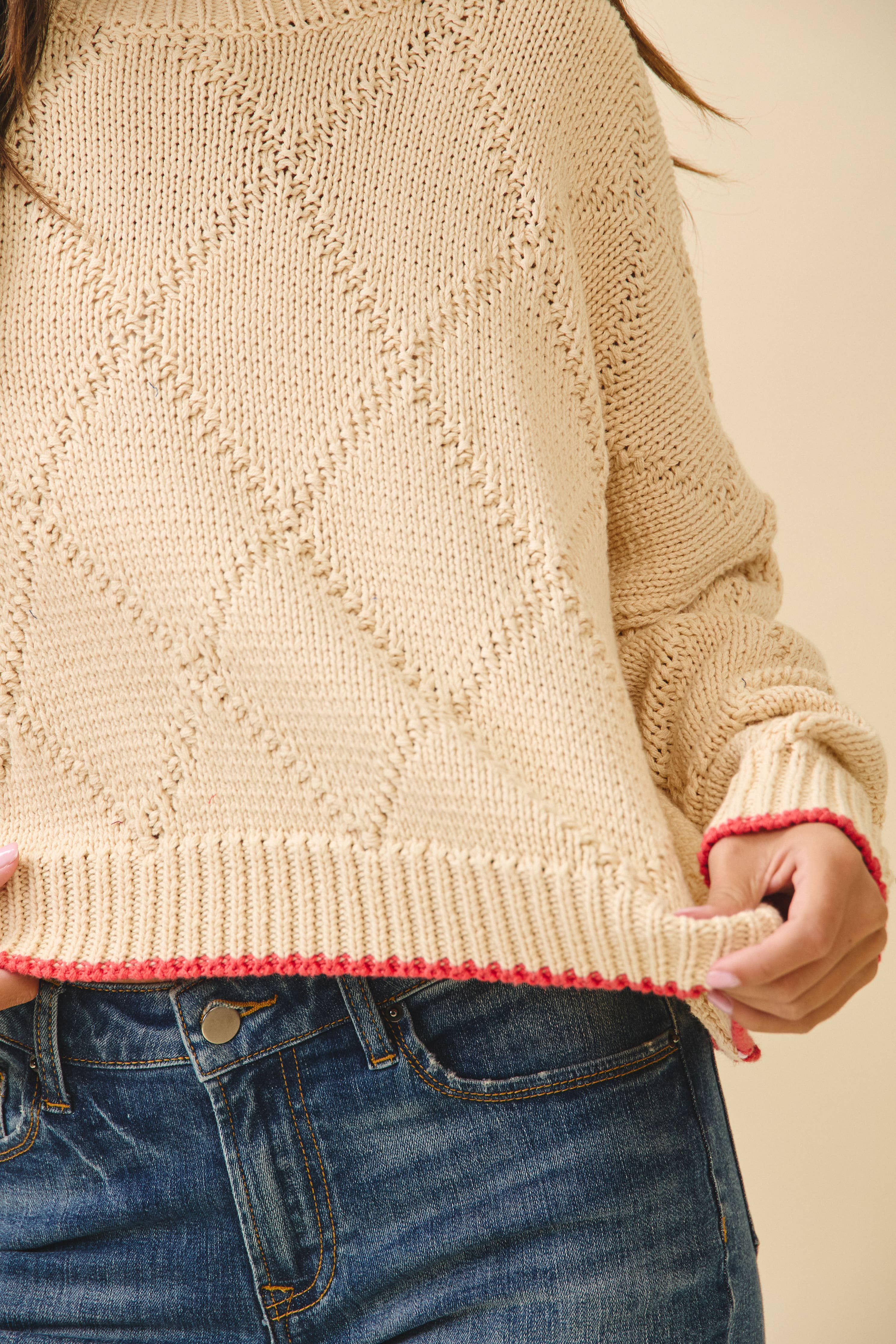 Diamond Knit Oat & Red Pullover Sweater