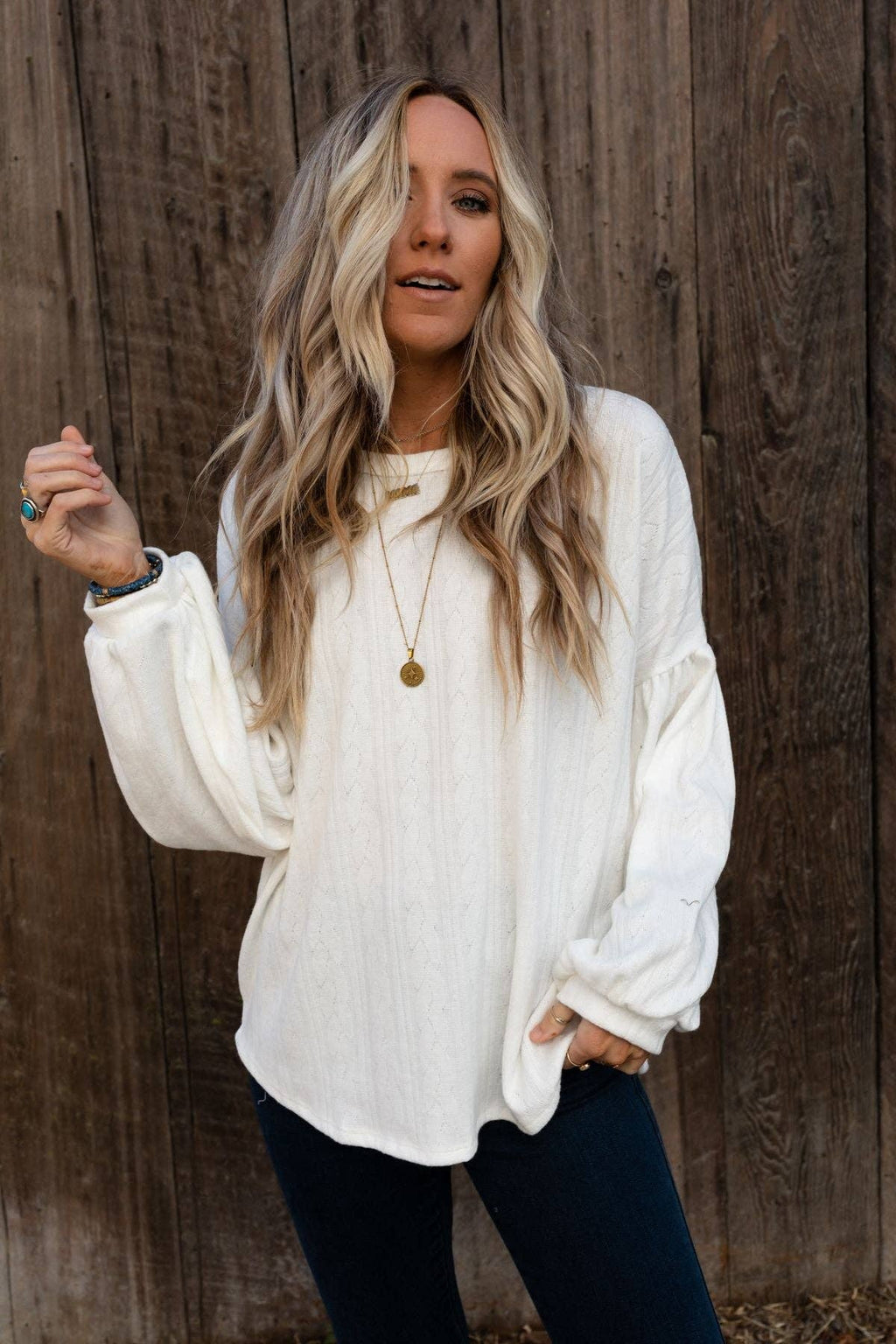 Sweet Heart Cream Balloon Sleeve Knit Sweater