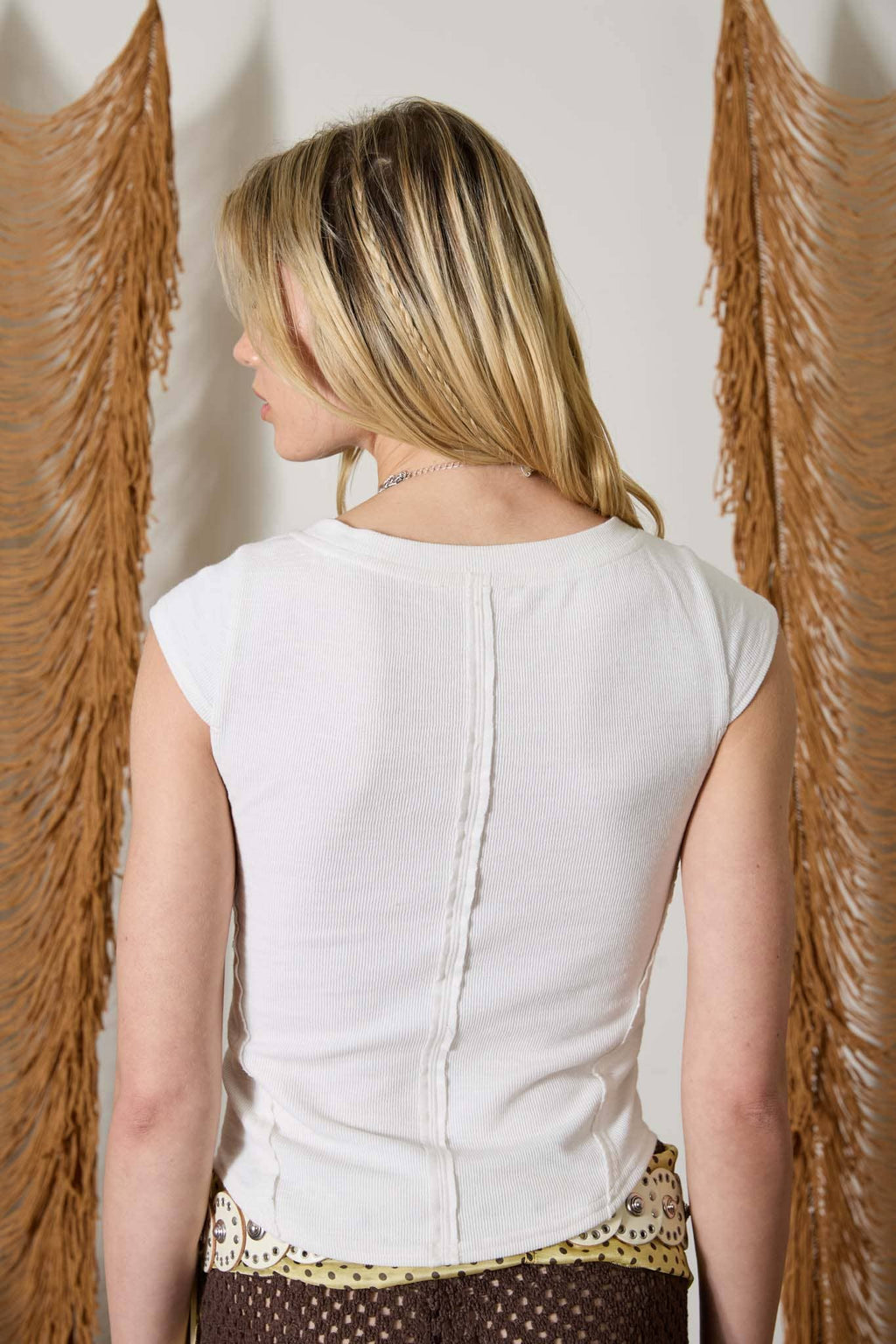 Exposed Asymmetrical Seam White Henley Knit Top
