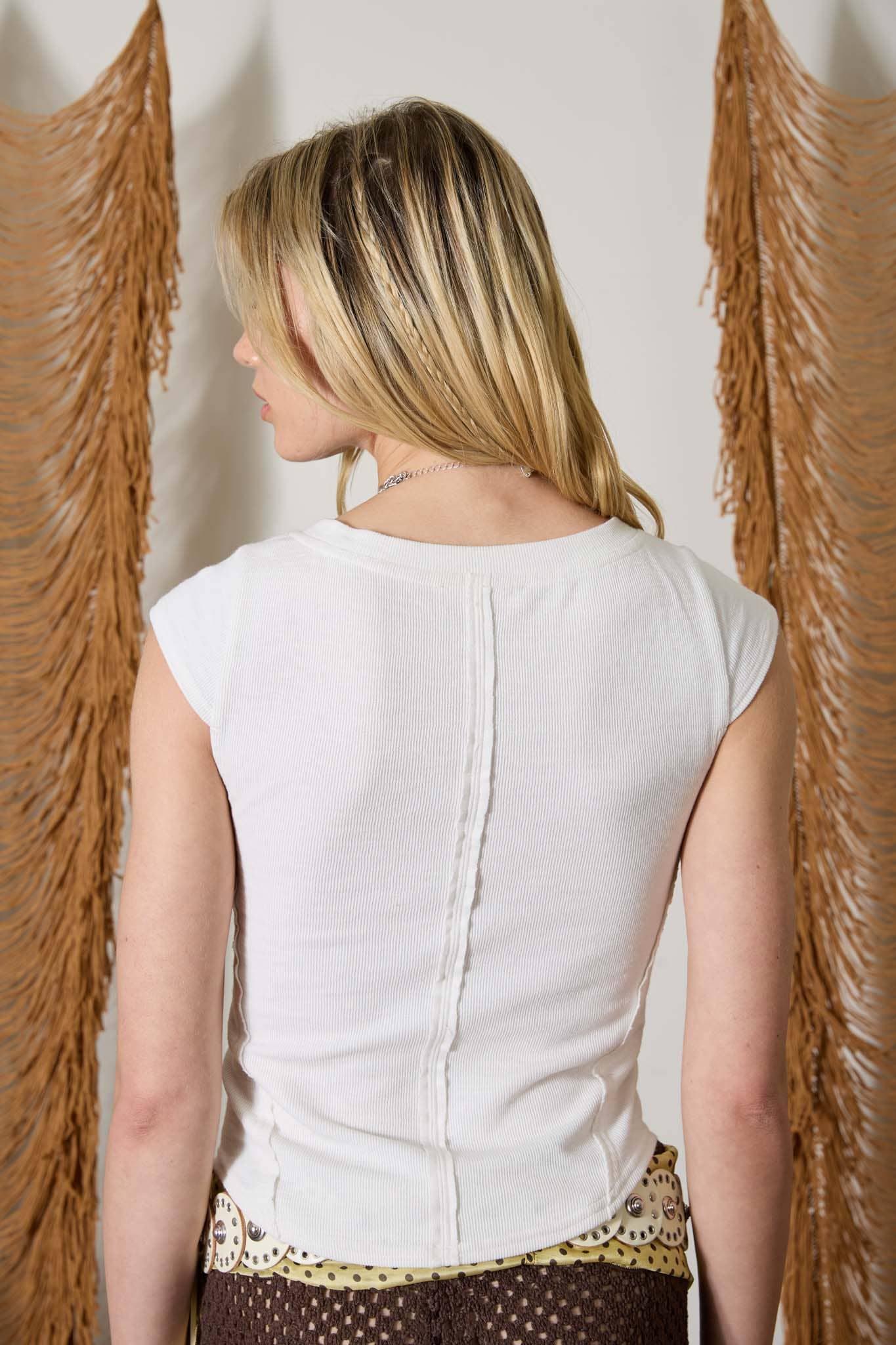 Exposed Asymmetrical Seam White Henley Knit Top
