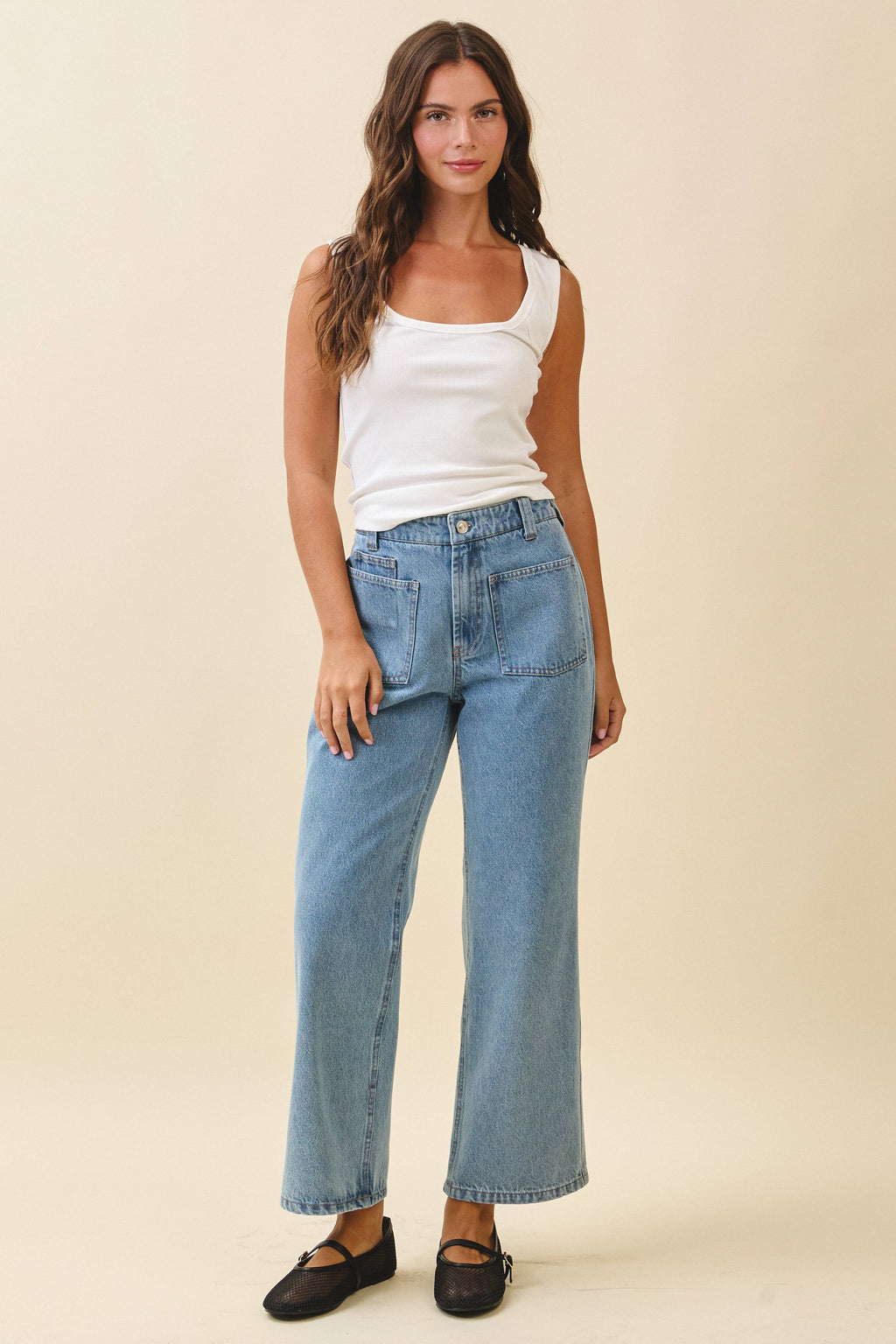 High Waist Wide Leg Denim Pants with Patch Pockets