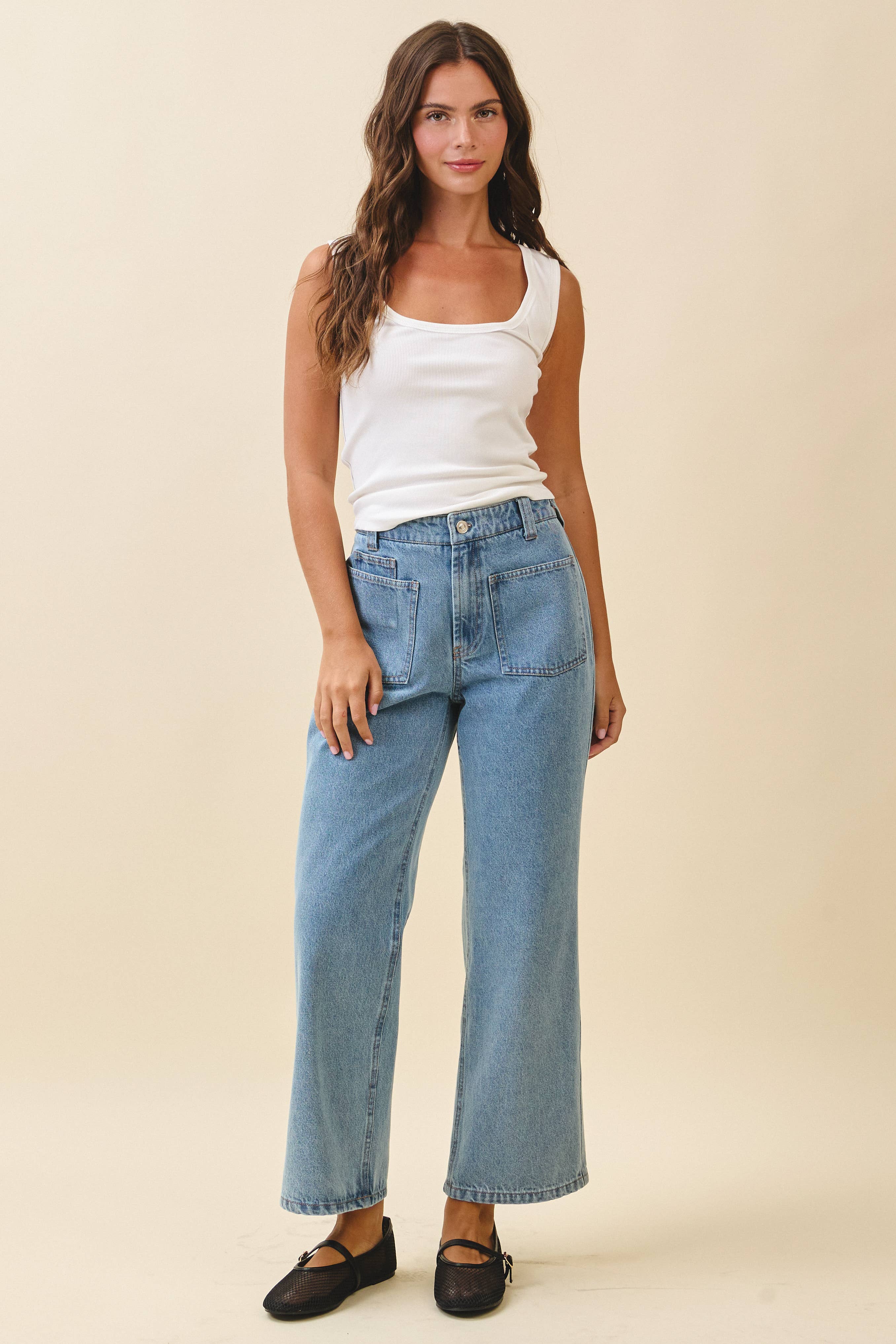 High Waist Wide Leg Denim Pants with Patch Pockets