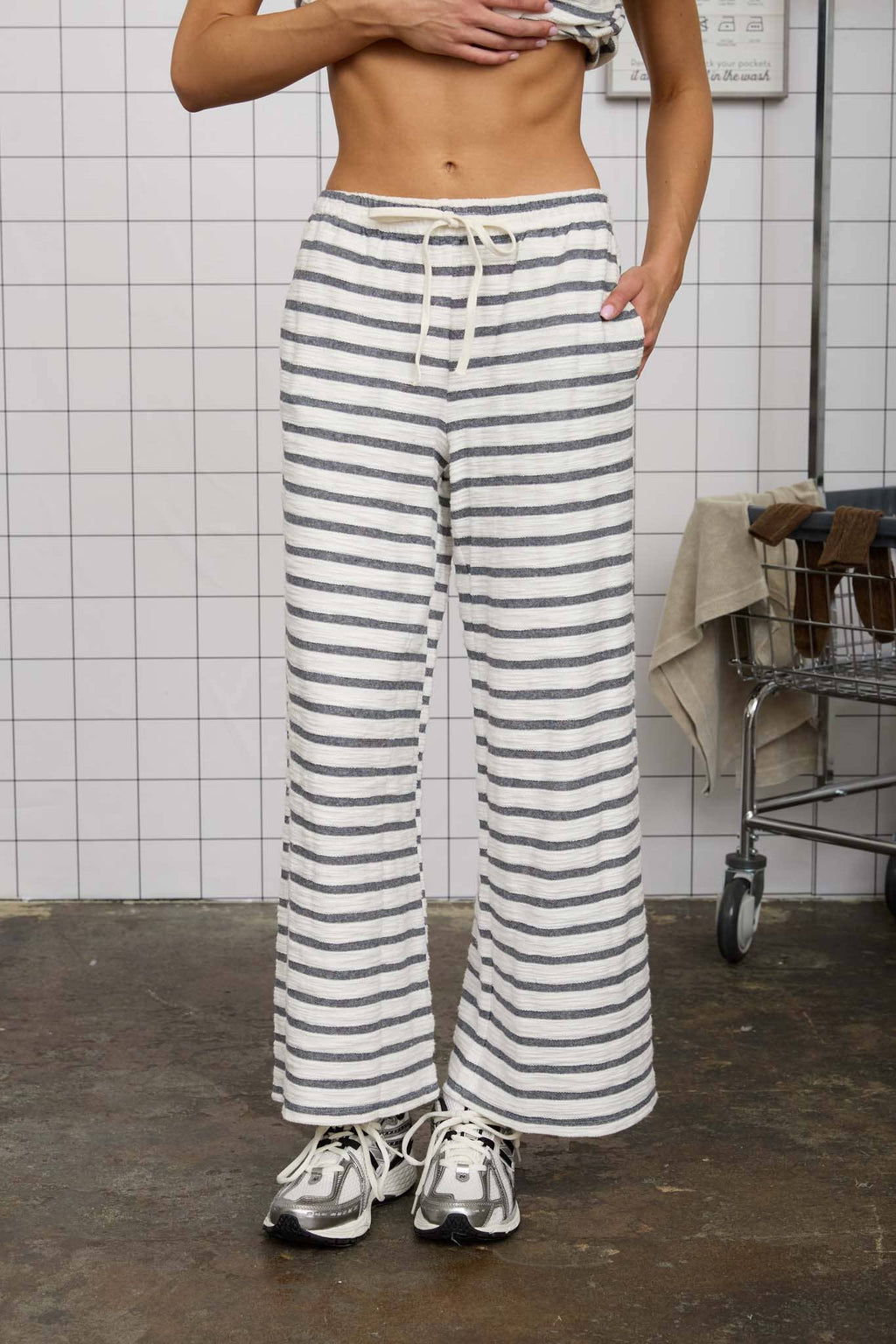 Navy Blue Stripe Drawstring Wide Leg Knit Lounge Pants