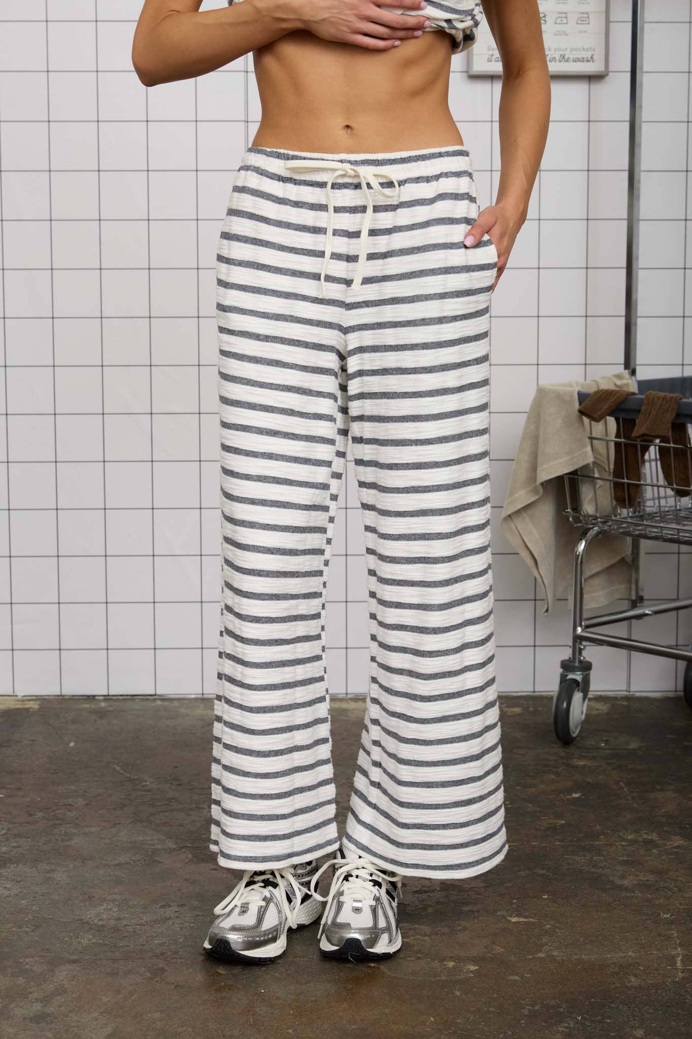 Navy Blue Stripe Drawstring Wide Leg Knit Lounge Pants