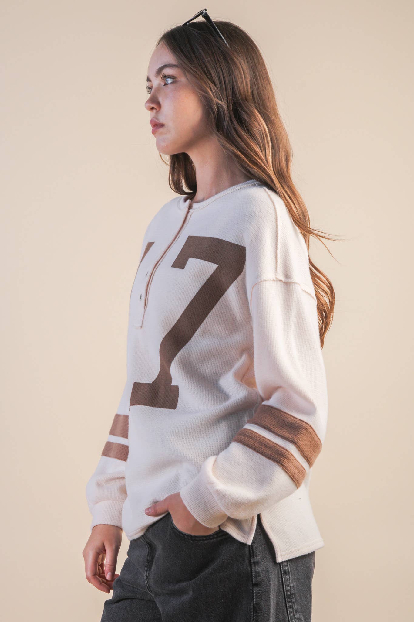 Oversized Cream & Mocha #17 Graphic Casual Knit Top