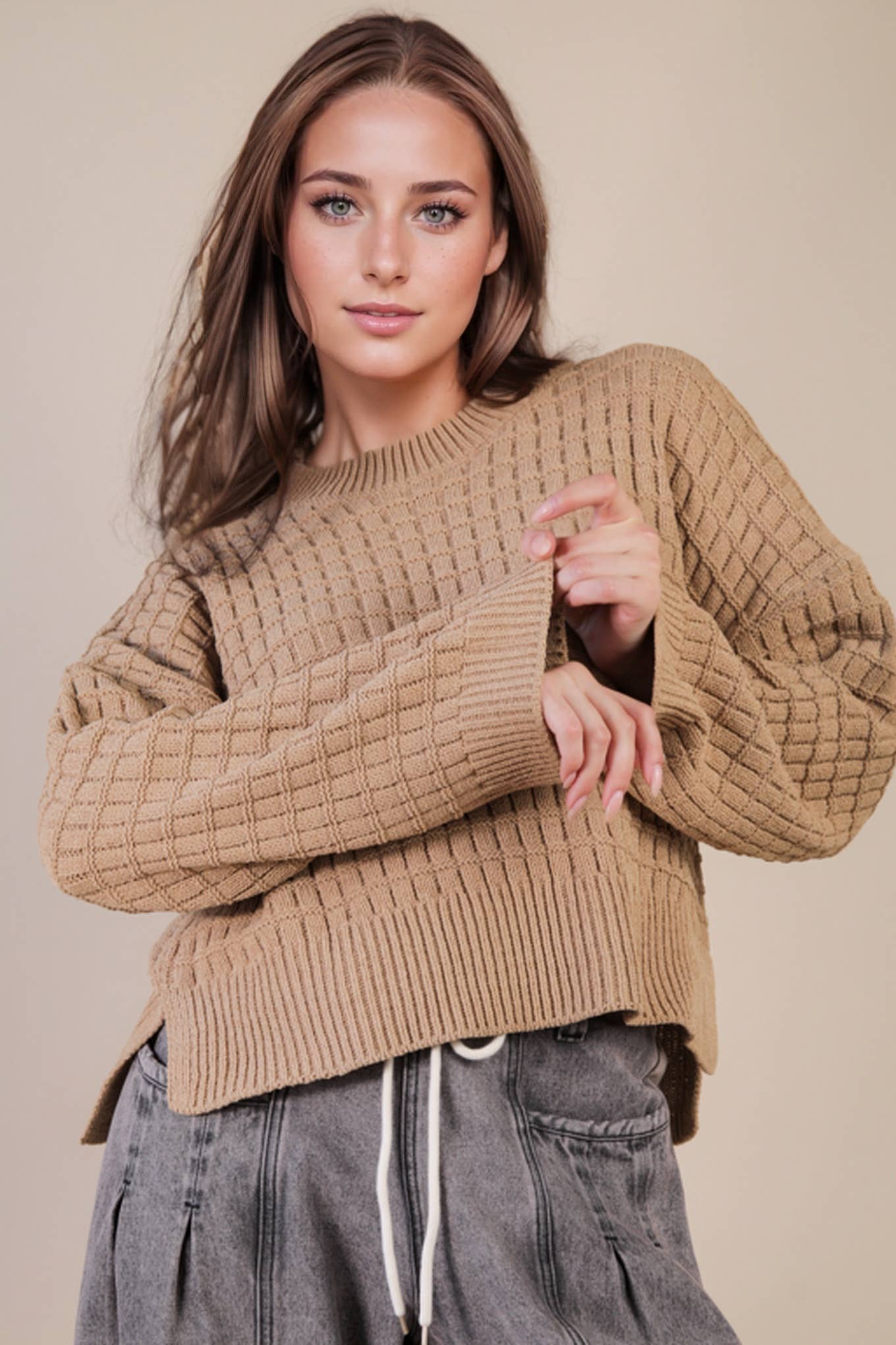 Oversized Textured Mocha Solid Casual Knit Sweater Top