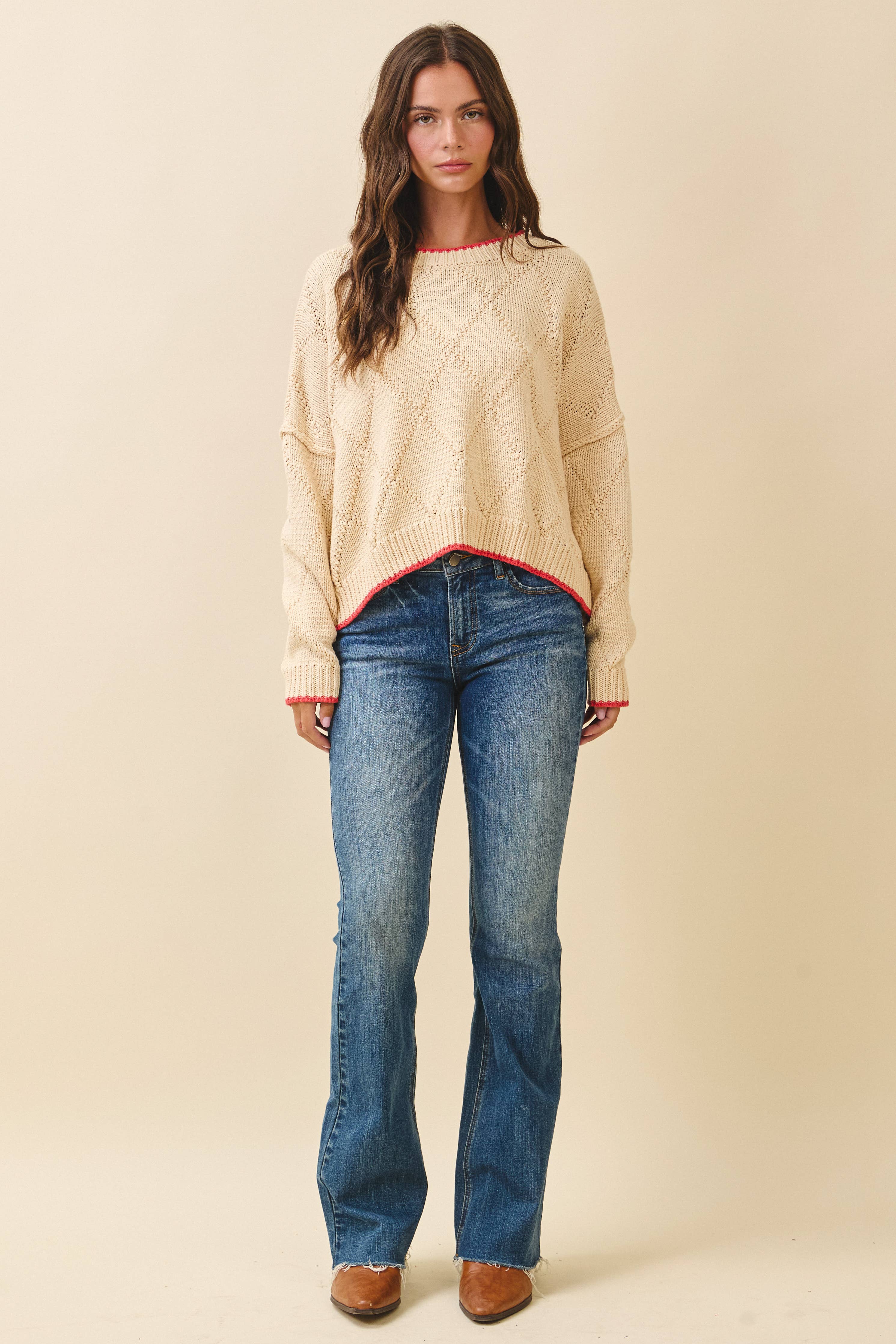 Diamond Knit Oat & Red Pullover Sweater