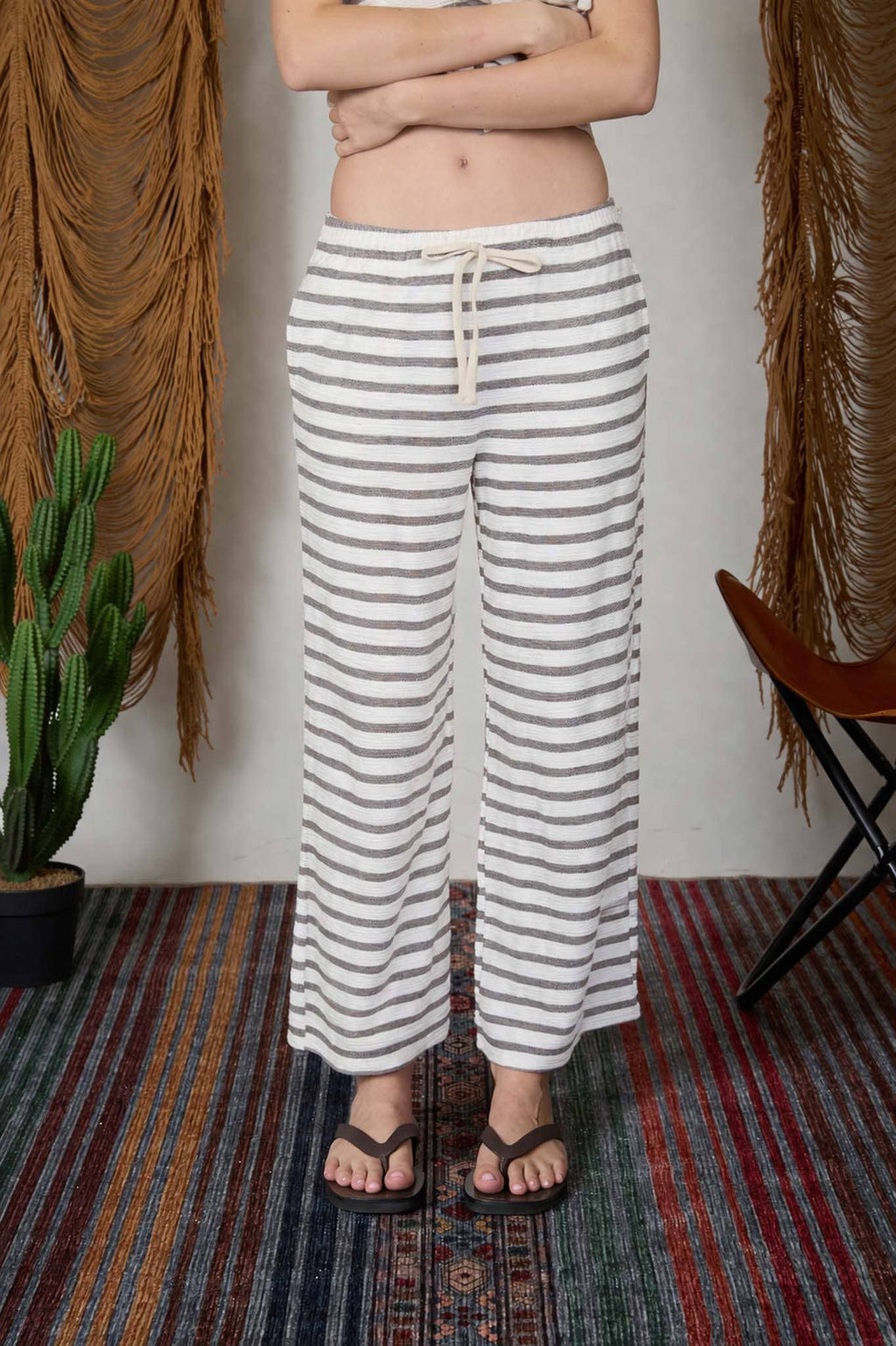 Navy Blue Stripe Drawstring Wide Leg Knit Lounge Pants