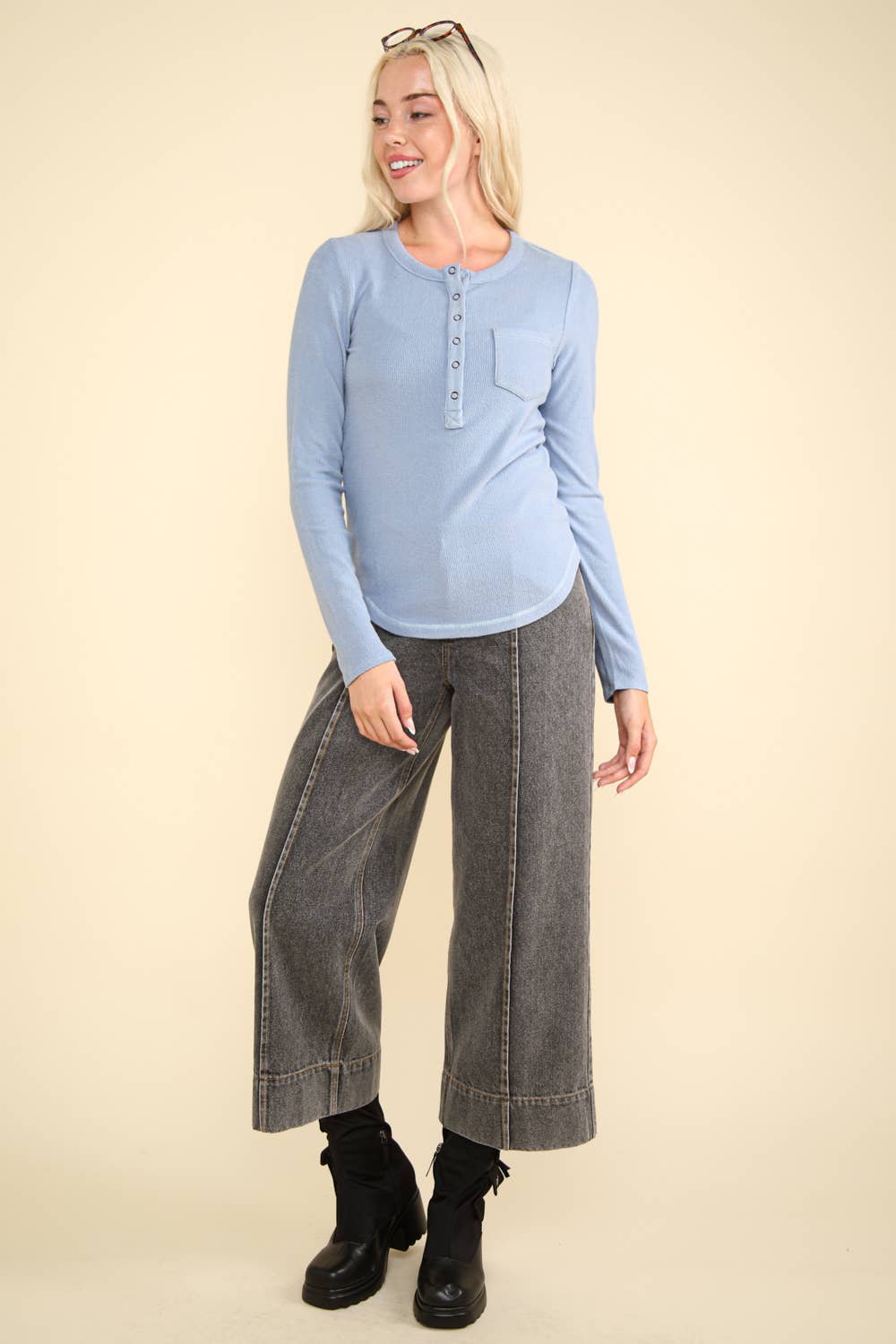 Soft Brushed Sky Blue Solid Knit Casual Top