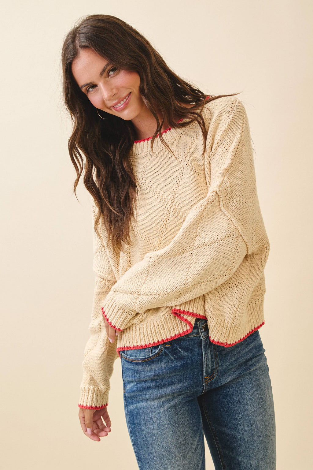 Diamond Knit Oat & Red Pullover Sweater