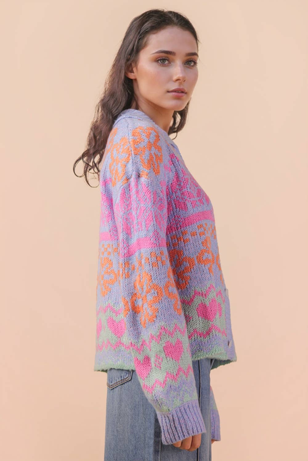 Oversized Button Down Pastel Graphic Knit Sweater Top