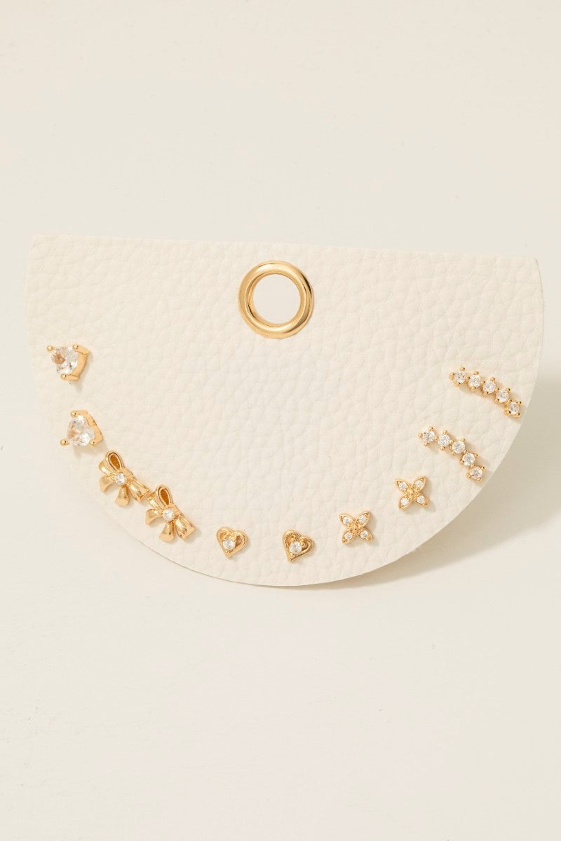 5pc Cz Heart Clover And Ribbon Bow Stud Earrings Set