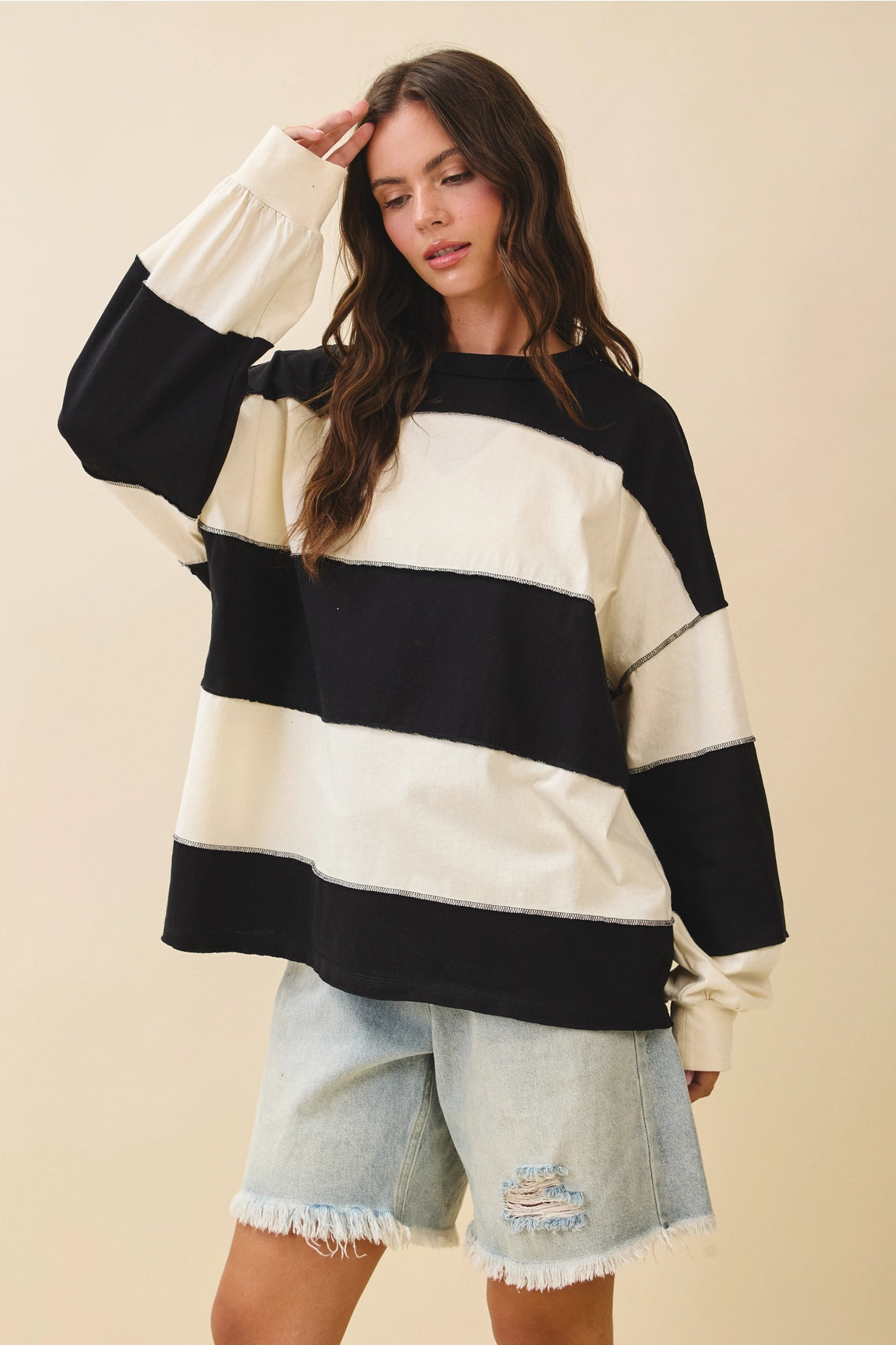 Contrast Panel Wild Cherry Long Sleeve Slouchy Pullover