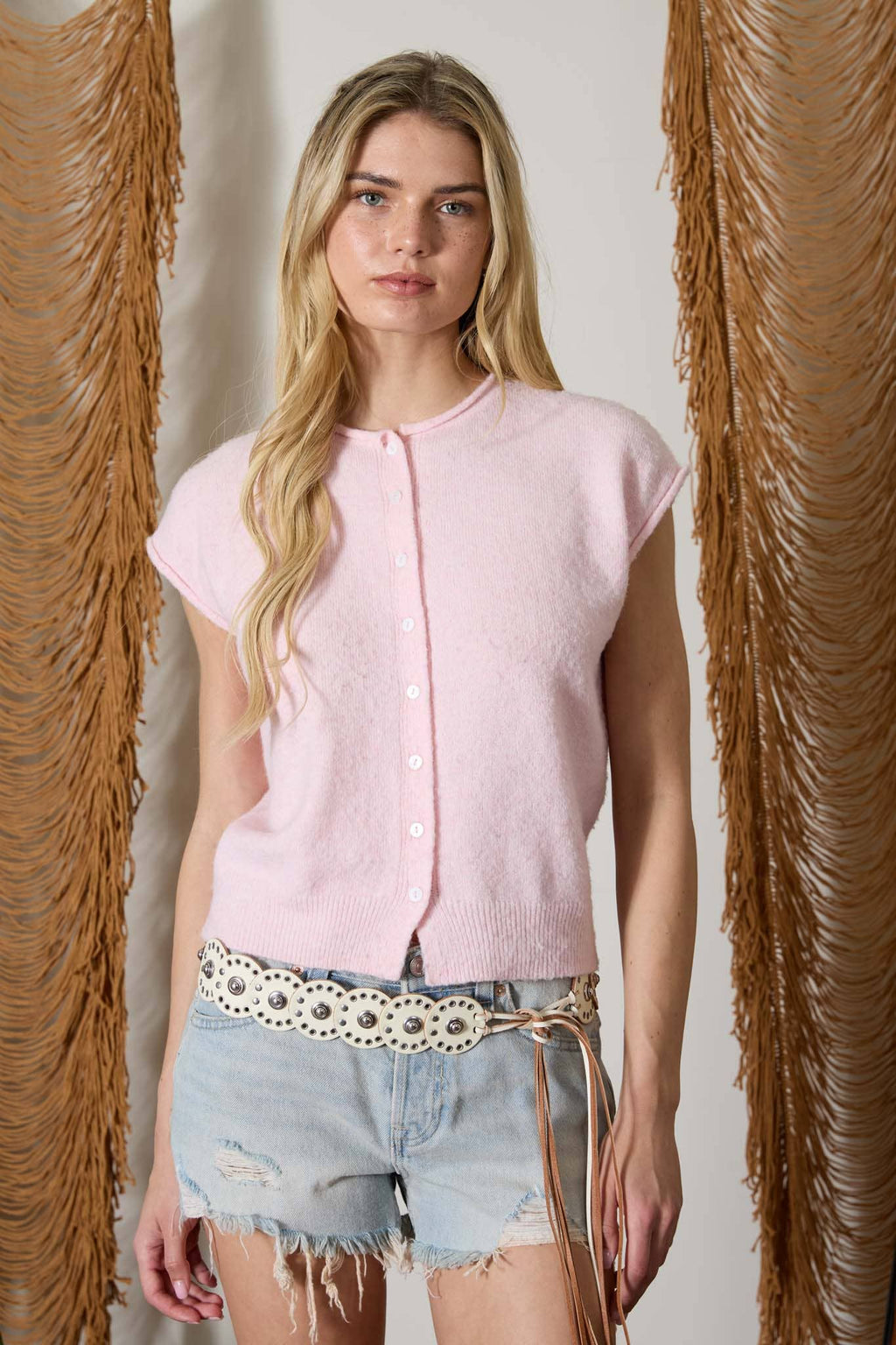 Pink Raw Edge Sleeveless Lightweight Cardigan