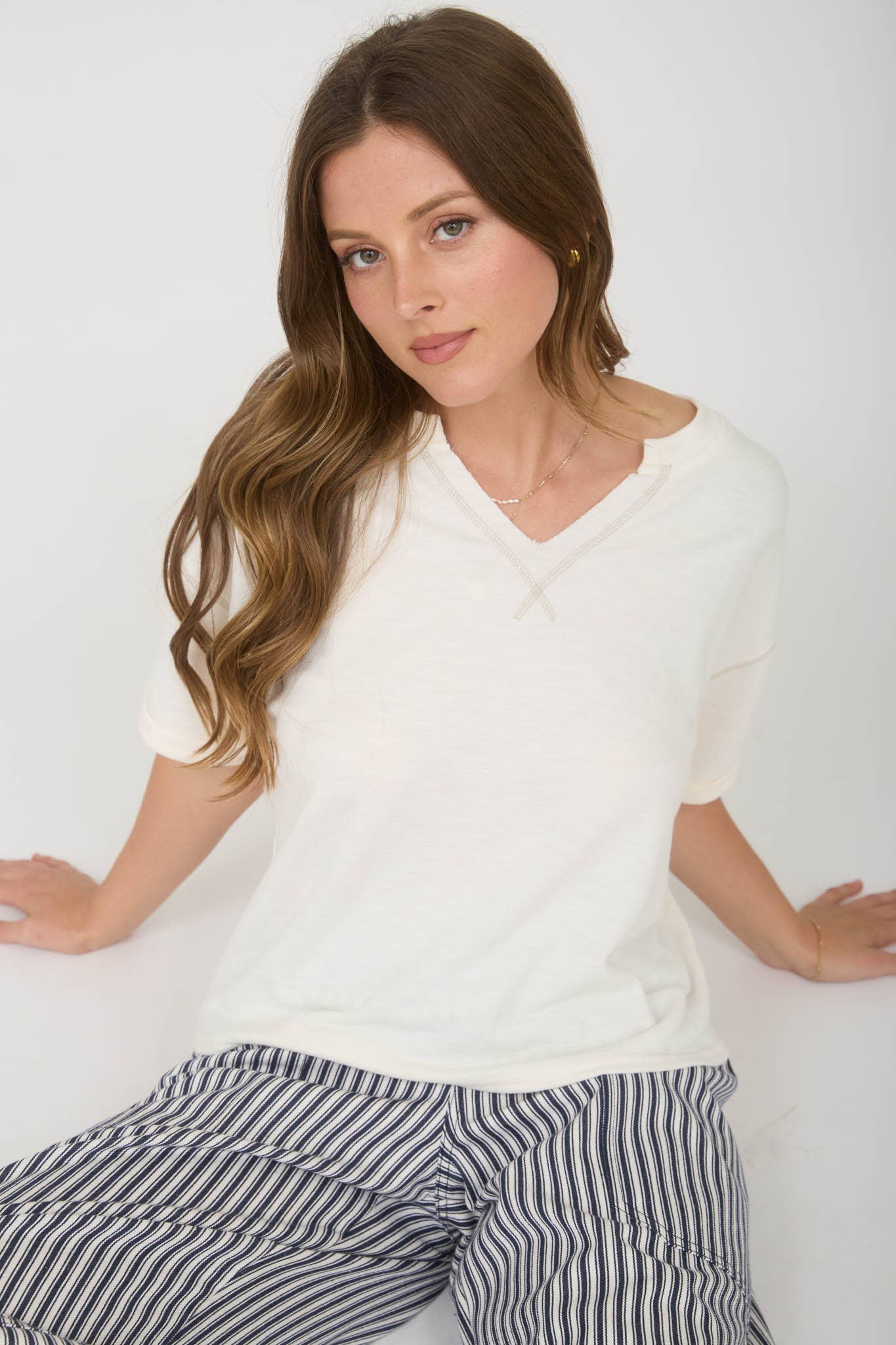 White Contrast Stitch Drop Shoulder Cuff Sleeve Knit Top