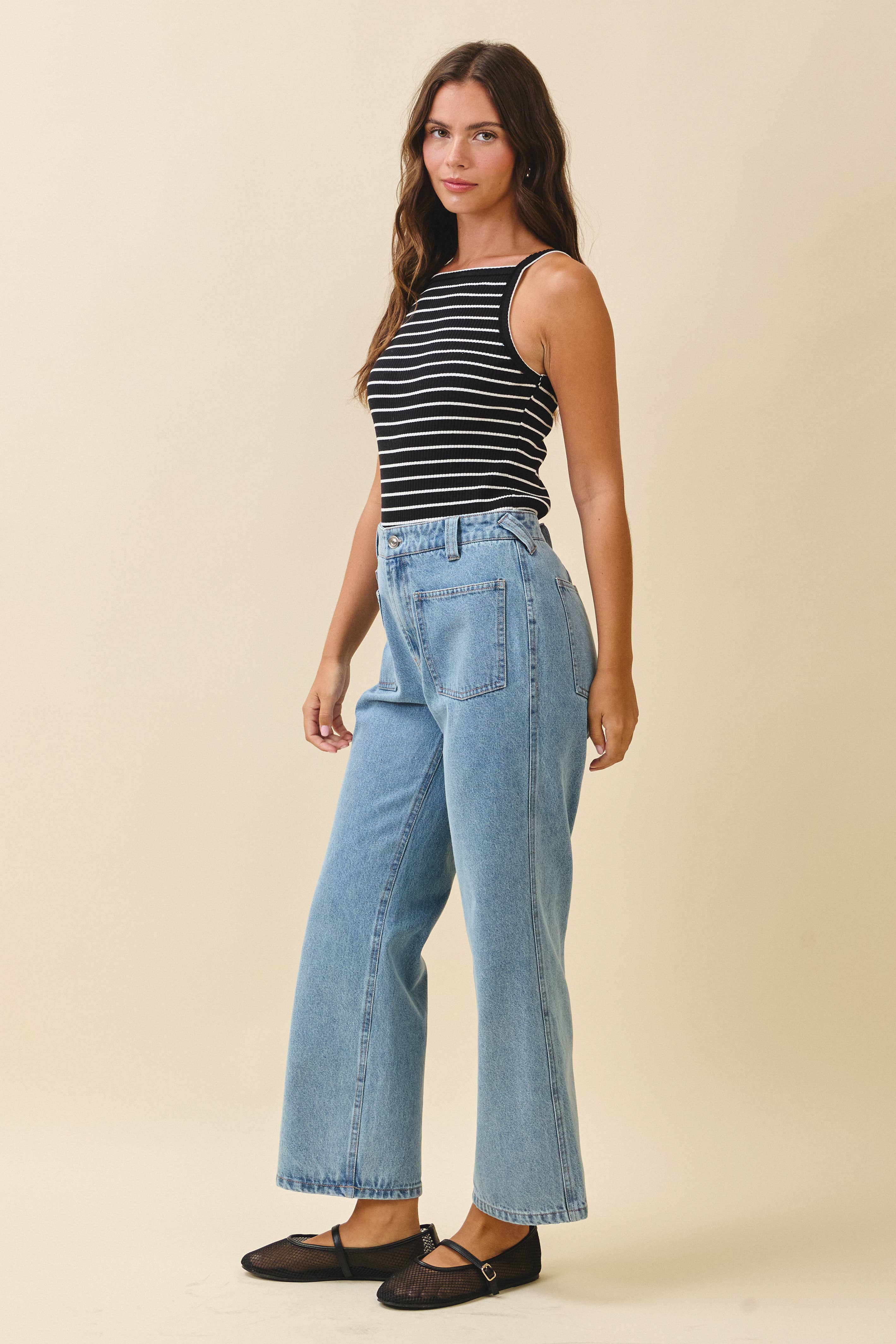 High Waist Wide Leg Denim Pants with Patch Pockets