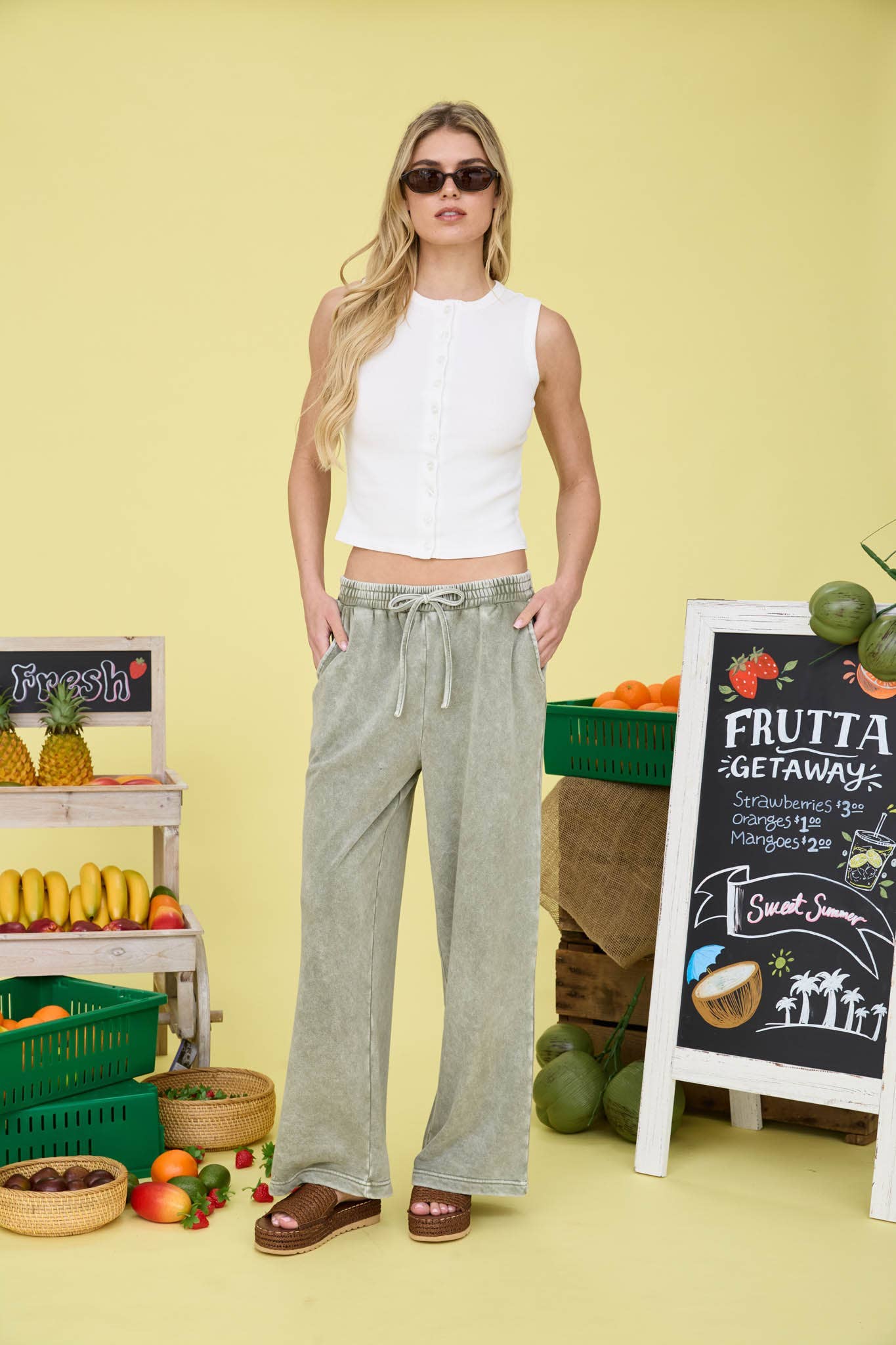 White Washed Button Down Sleeveless Ribbed Knit Top