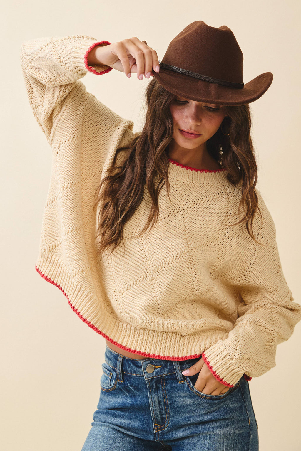 Diamond Knit Oat & Red Pullover Sweater