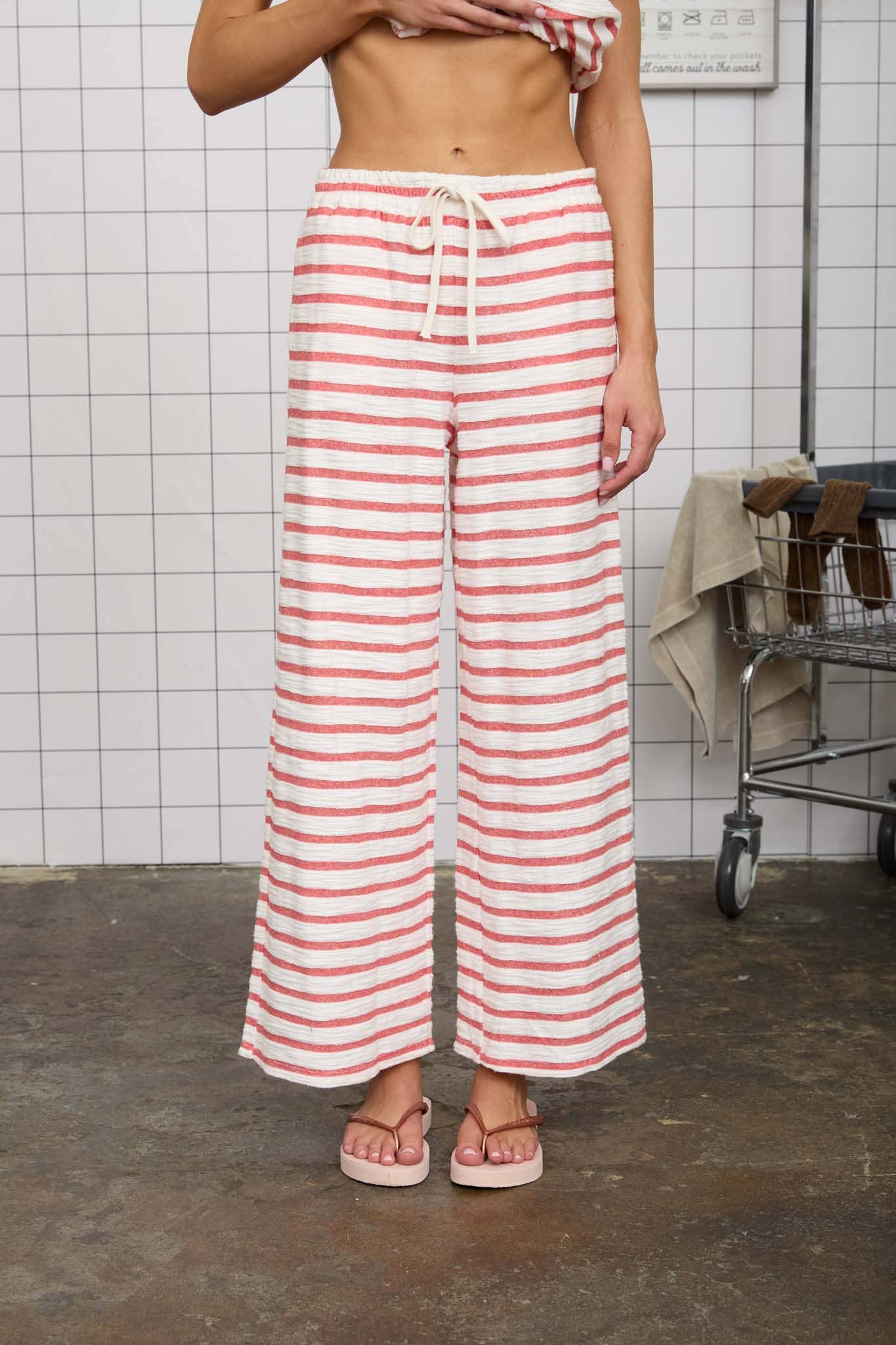 Red Stripe Drawstring Wide Leg Knit Lounge Pants