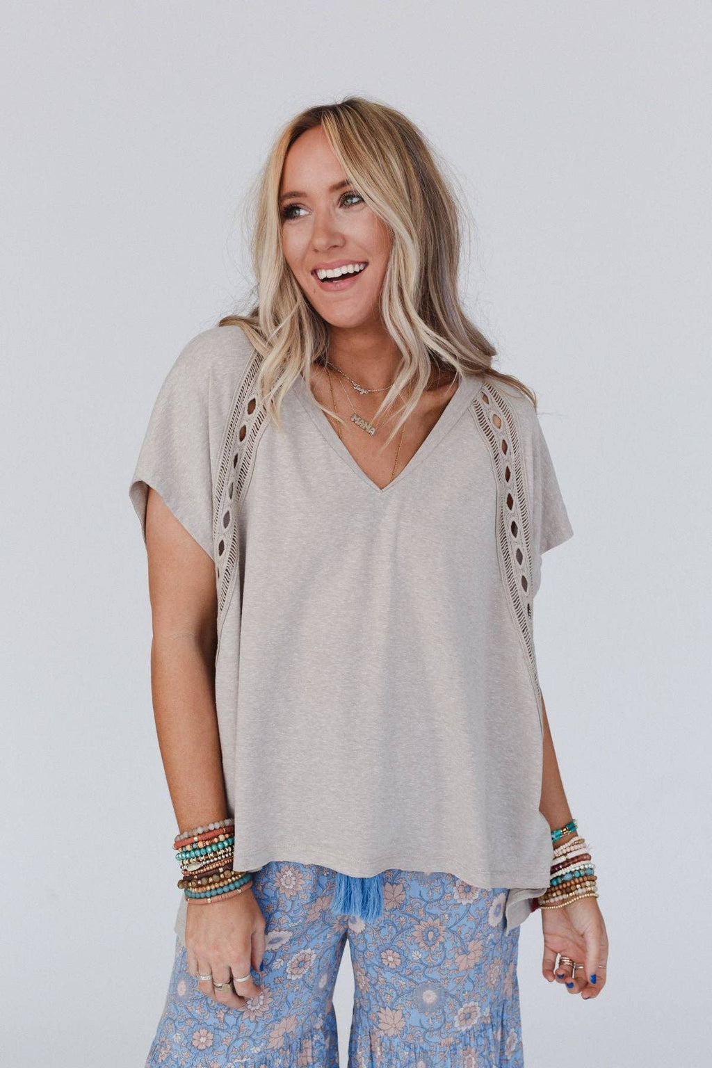 Camden Camel Lace V Neck Top
