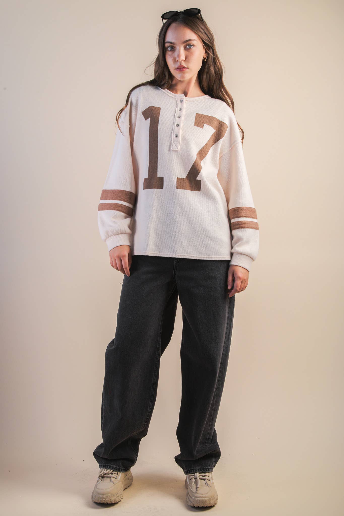 Oversized Cream & Mocha #17 Graphic Casual Knit Top