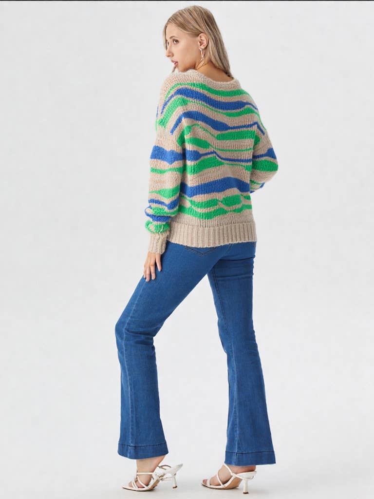 Blue & Green Multi Color Casual Knit Sweater Top