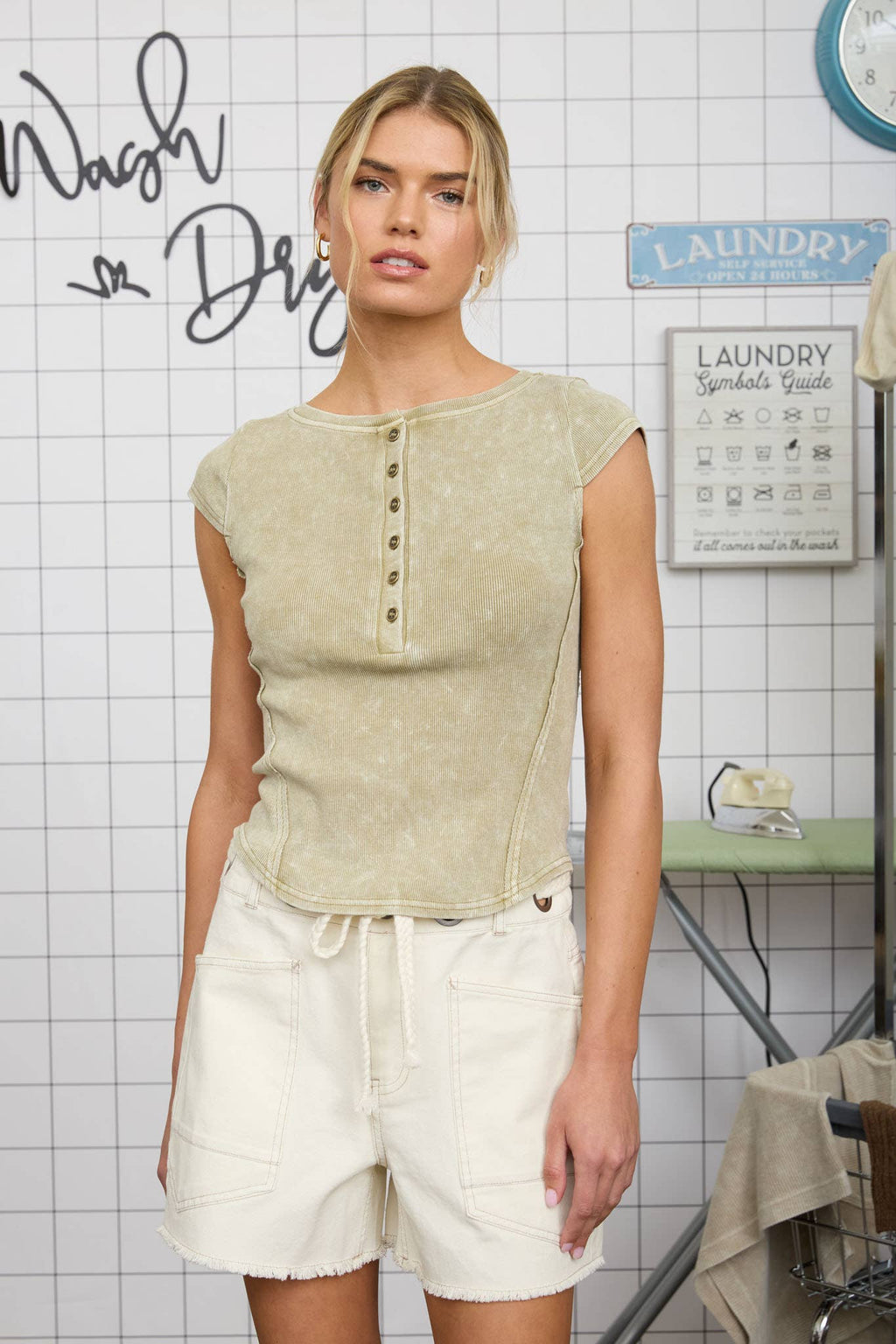 Light Olive Washed Exposed Seam Henley Ribbed Knit Top