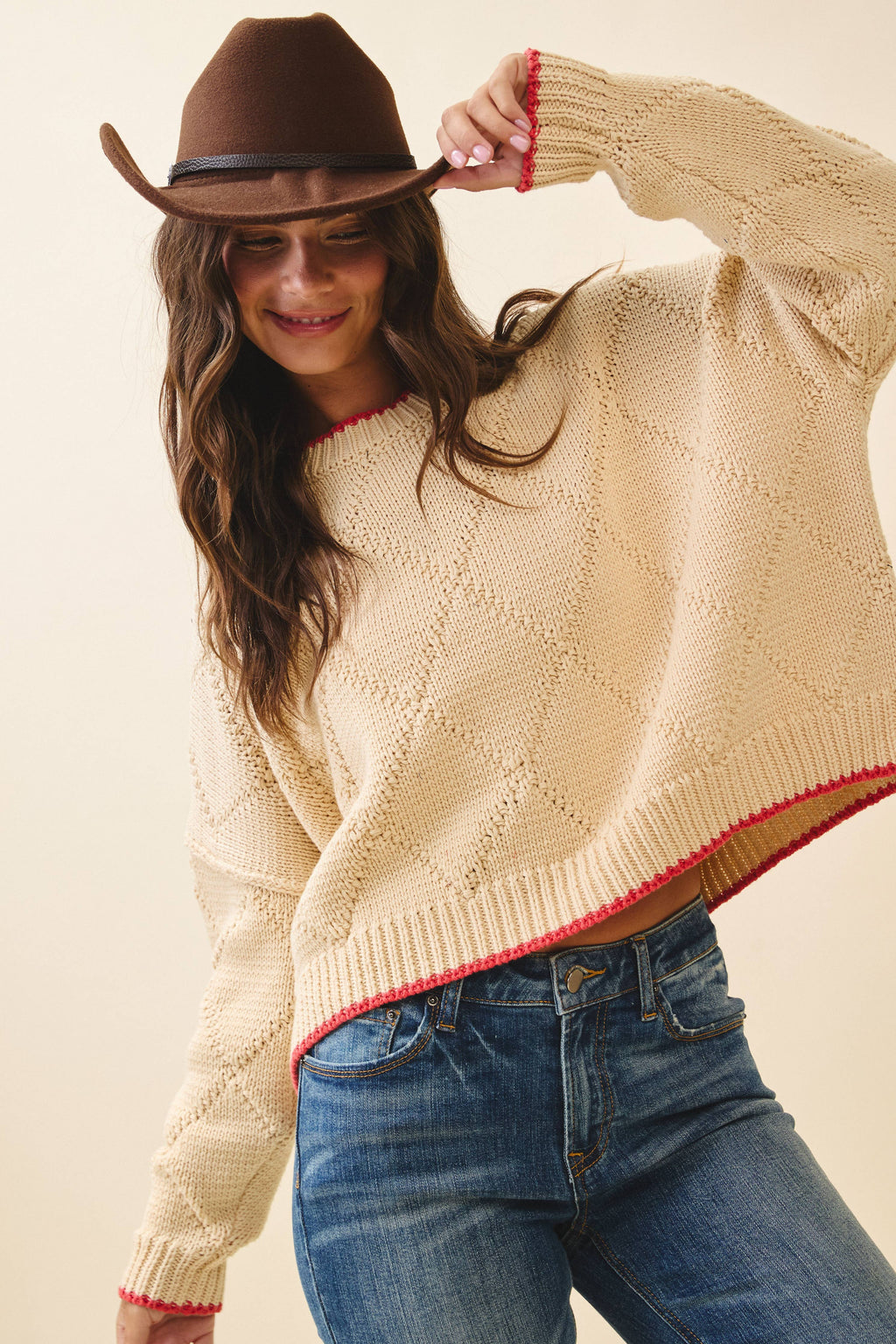 Diamond Knit Oat & Red Pullover Sweater