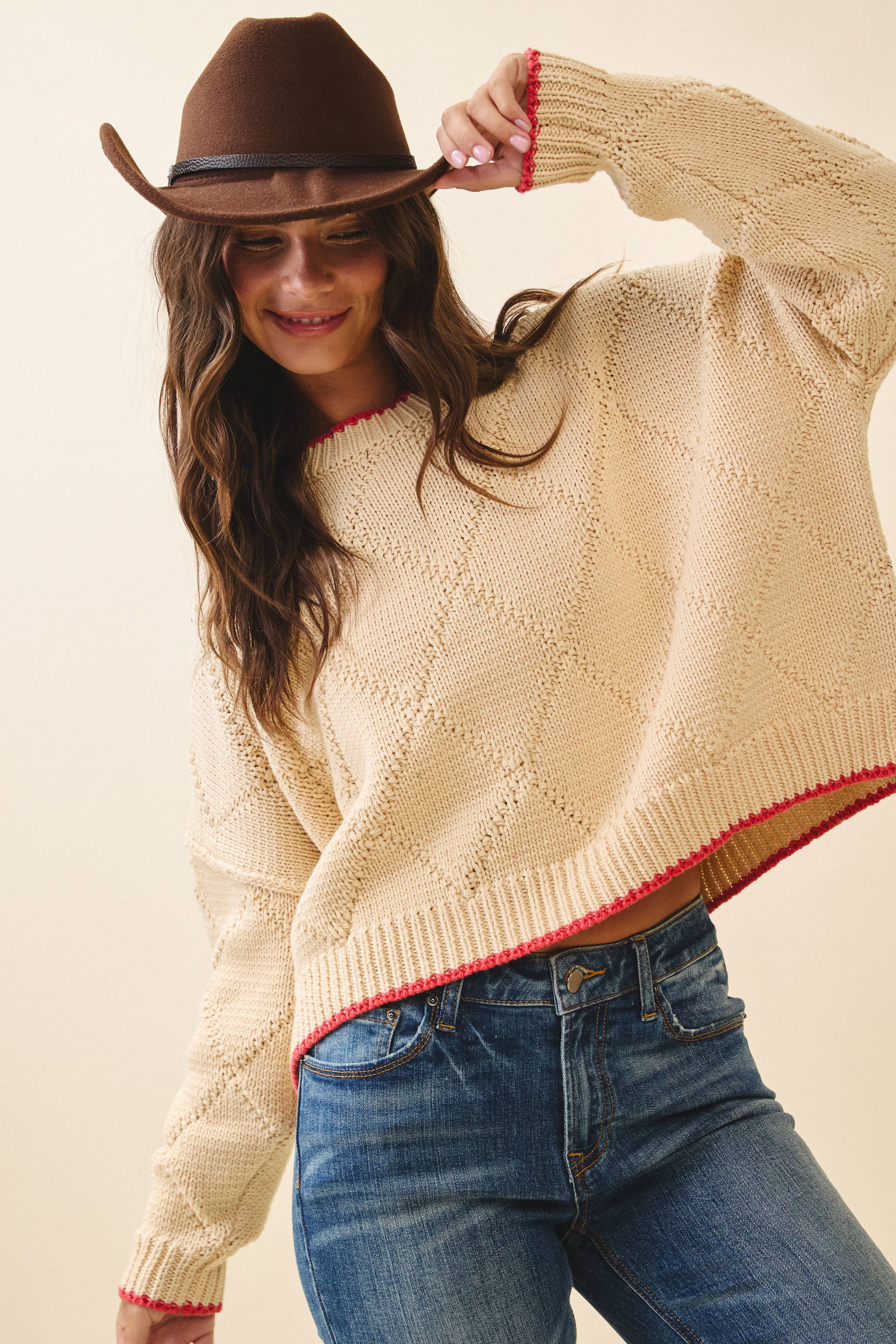 Diamond Knit Oat & Red Pullover Sweater