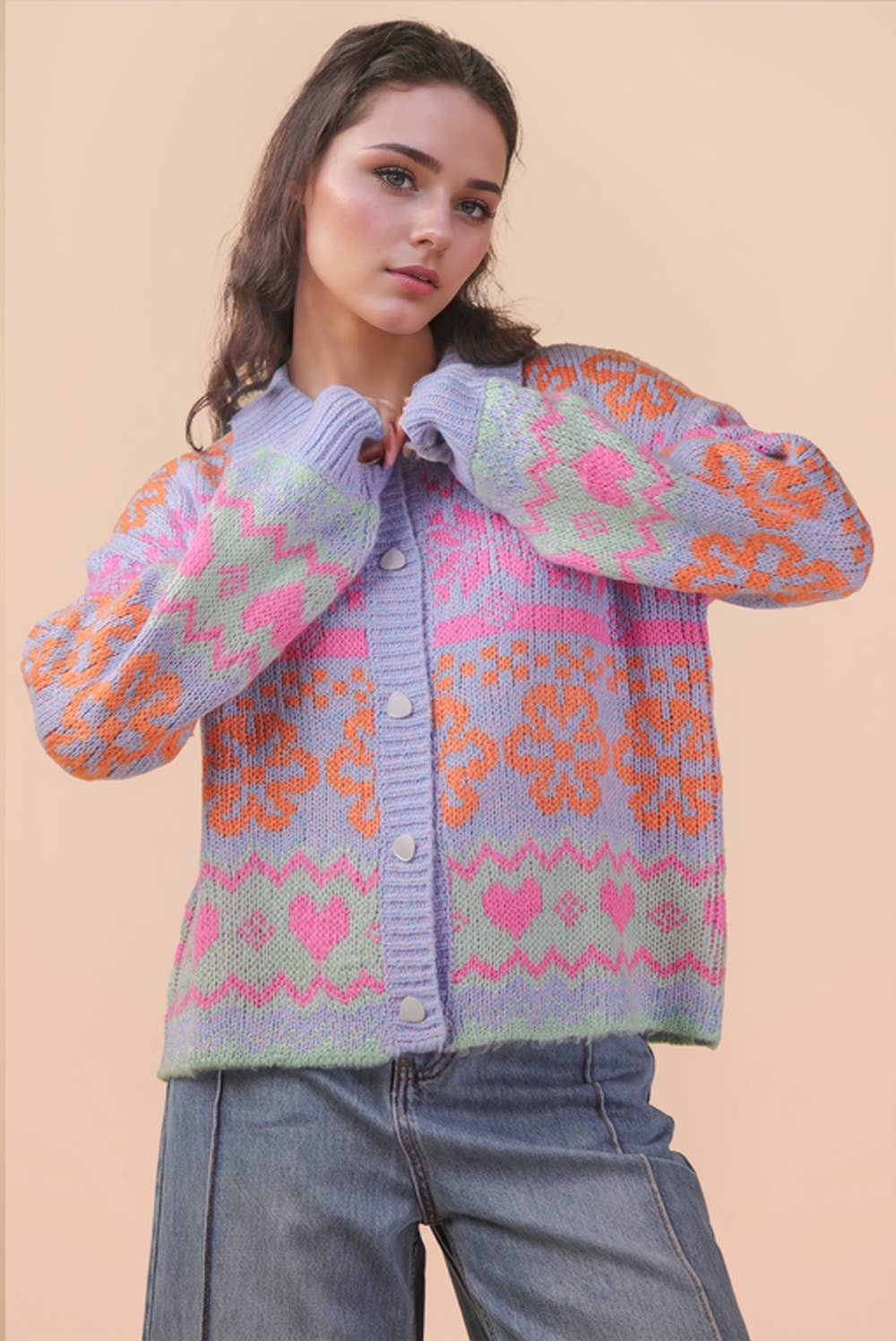 Oversized Button Down Pastel Graphic Knit Sweater Top
