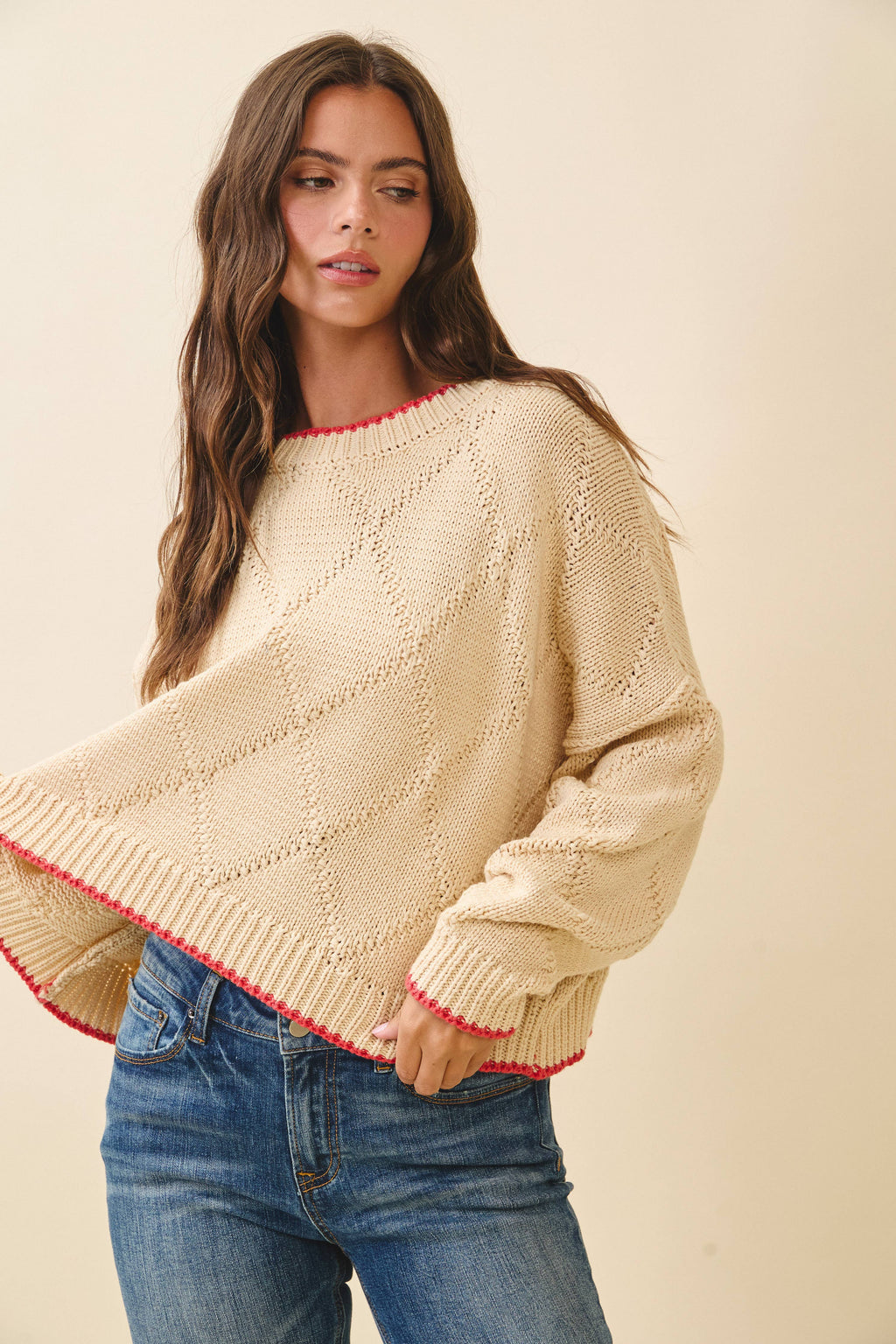 Diamond Knit Oat & Red Pullover Sweater