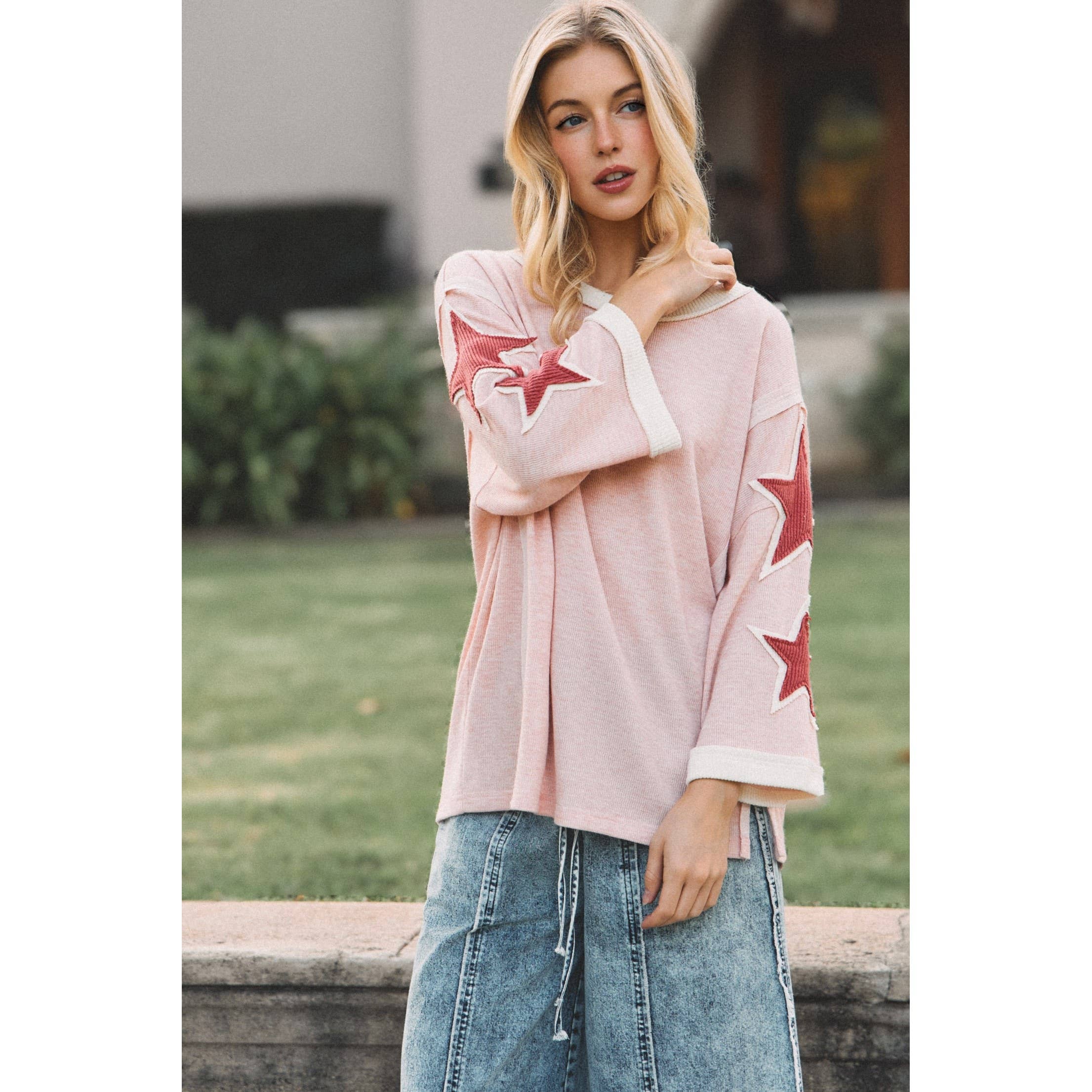 Pink + Red Starry Ribbed Shirt