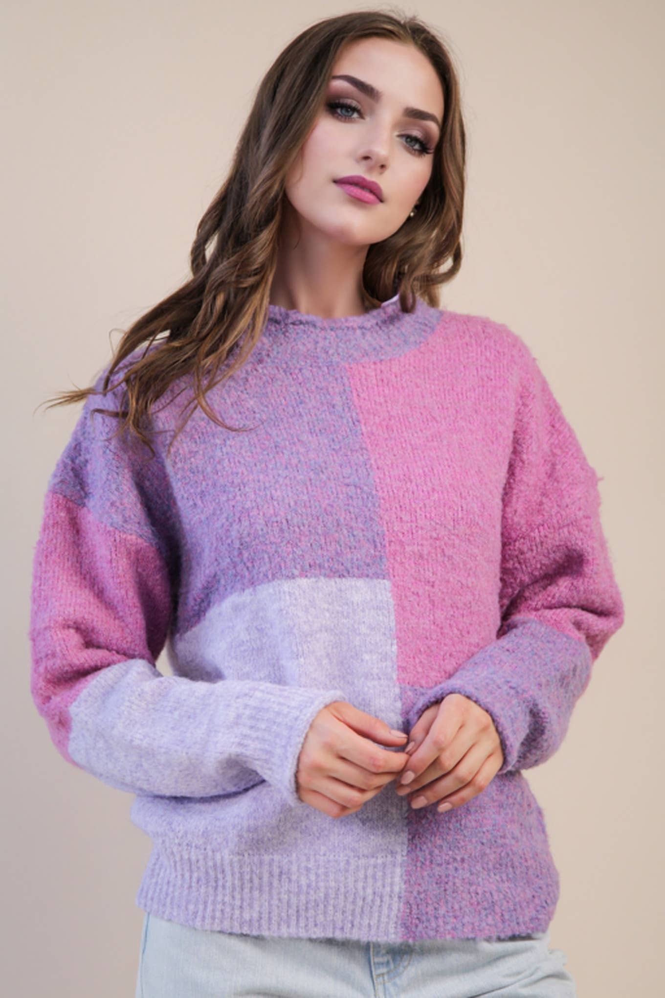 ECO Oversized Purple Color Block Cozy Knit Sweater Top