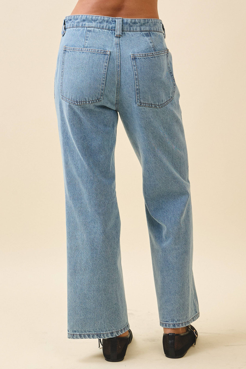 High Waist Wide Leg Denim Pants with Patch Pockets